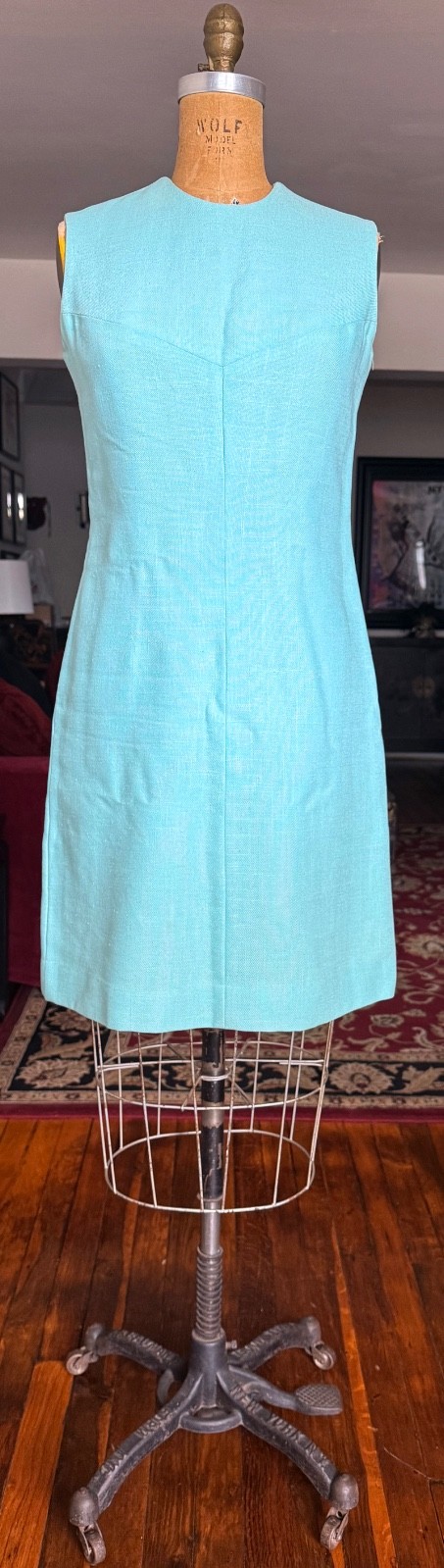 Vintage Pamela Martin Sz 10 Woven Sheath Dress Light Blue Teal “We Give a Hoot”