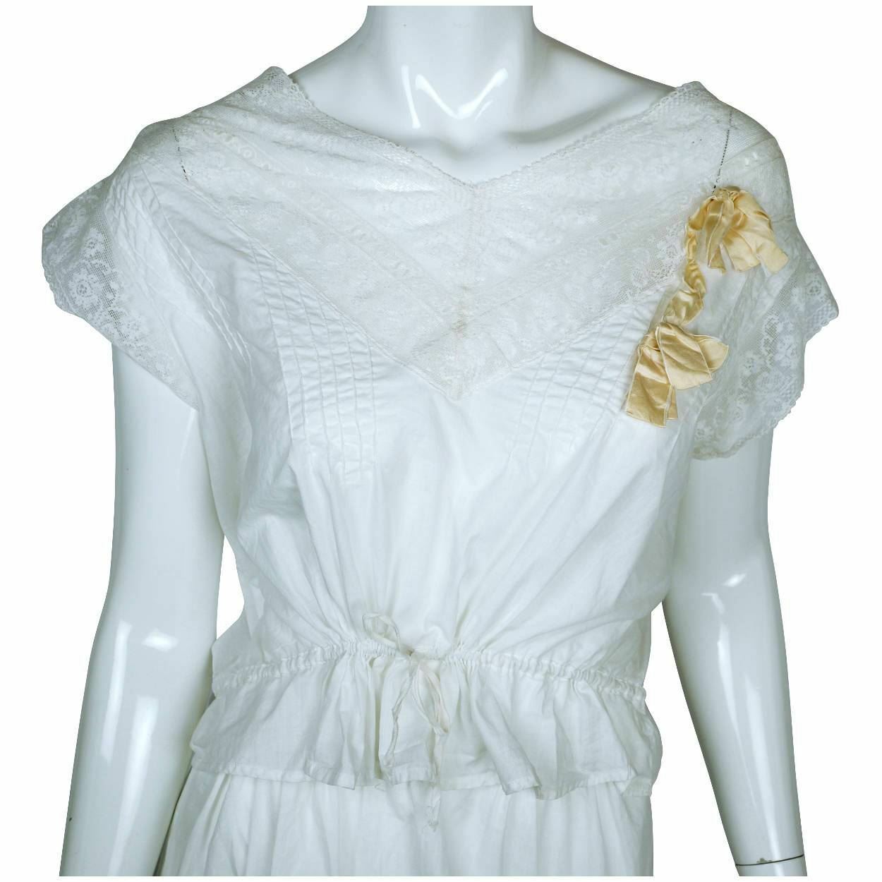 Antique Edwardian White Cotton Petticoat & Chemise Set w Lace Trim Size M / L