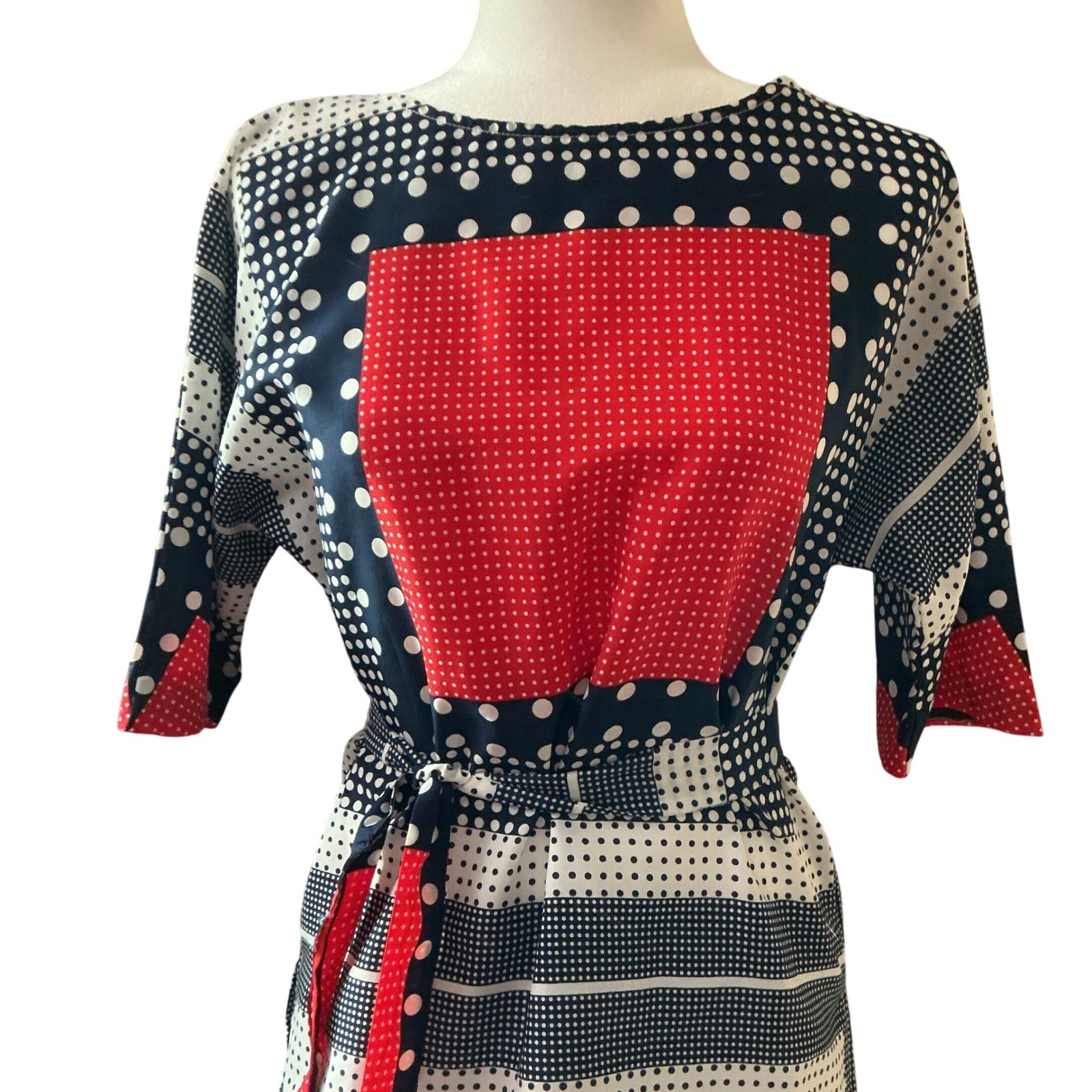 Loubella Tunic Top Wms 10/11 Red Navy Polka Dot Geometric Mod Vintage 70s Retro