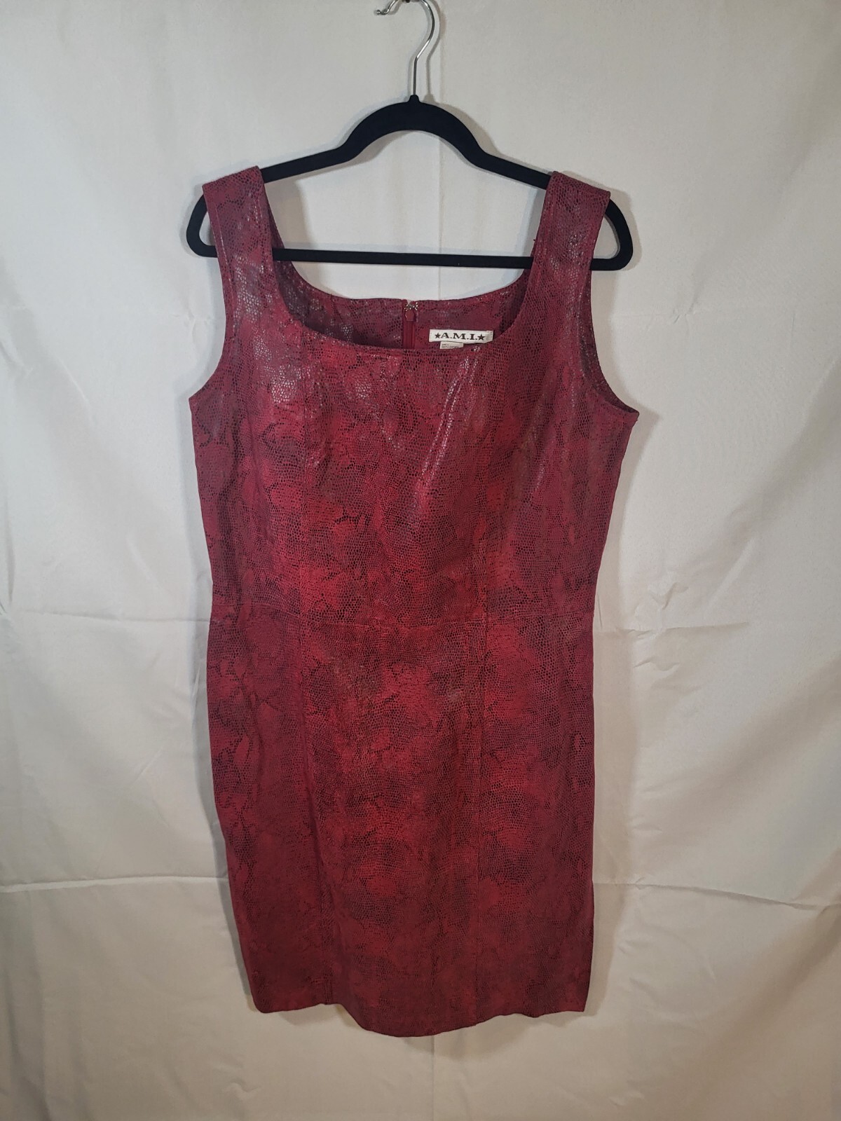 VIntage 80s Red Leather & Satin Snakeskin Dress By A.M.I Womens L