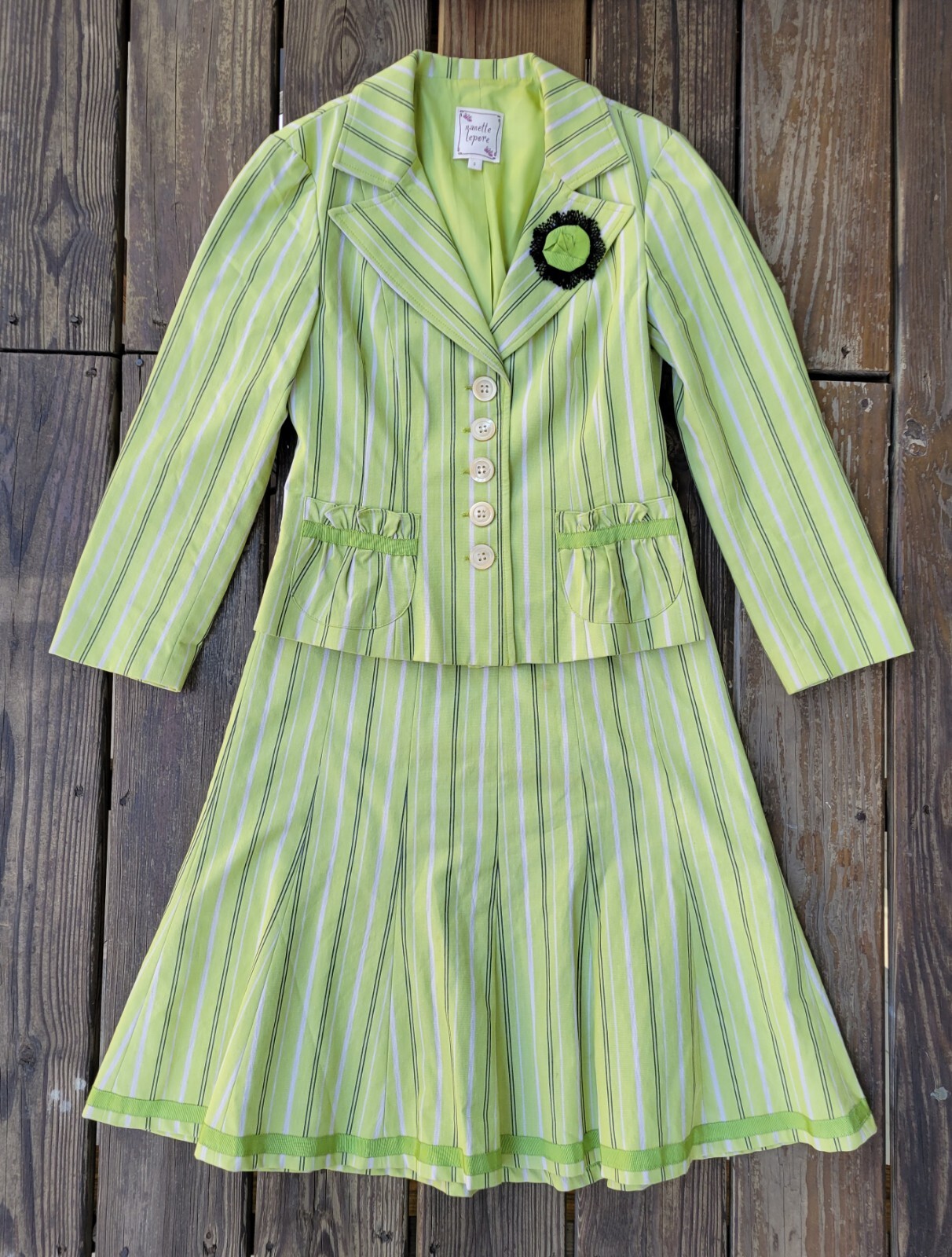 Nanette Lepore vintage 00s skirt suit jacket lime green stripe whimsy retro 0