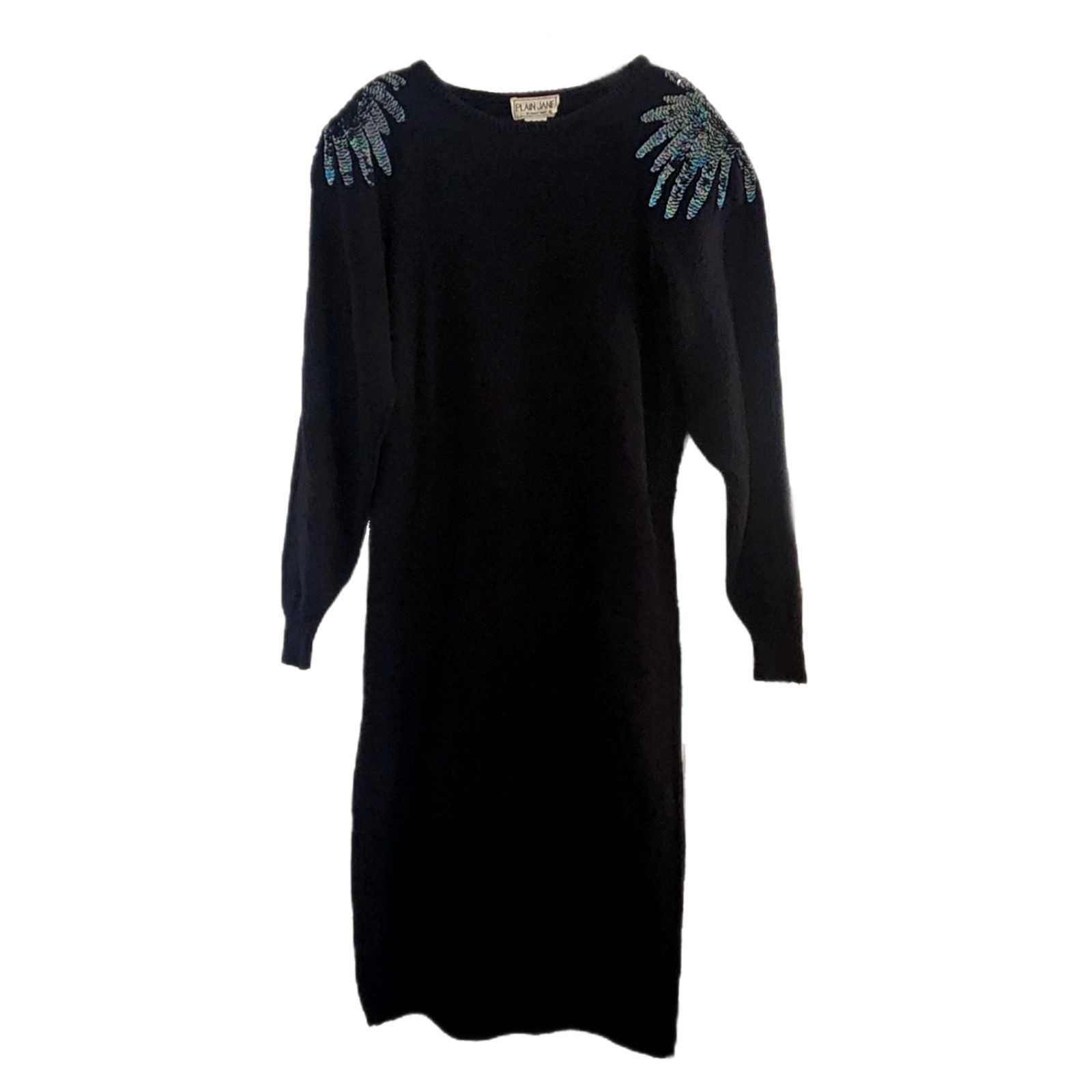 Vintage 90s Black Sequin Sweater Dress Midi Long Sleeve Vtg Party Costume Size L