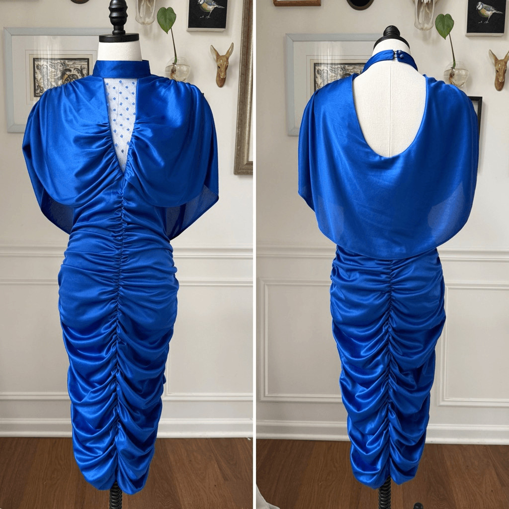 Vintage 80s Mayven’s of California Cobalt Blue Rocker Chic Ruched Midi Dress M