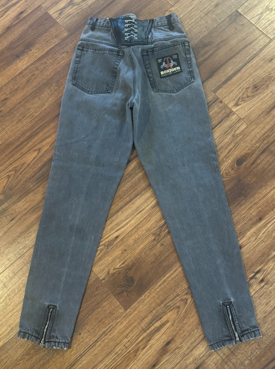 80s BON JOUR Black Zipper/Tapered Ankles Jeans Leather/Tie Back Waist 24×30 READ