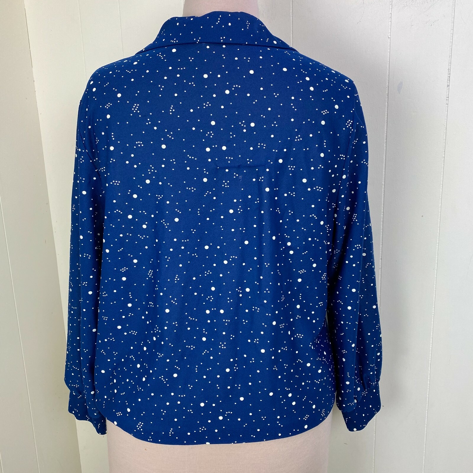 Vintage 70s Polyester Royal Blue & White Polka Dot Button Down Shirt