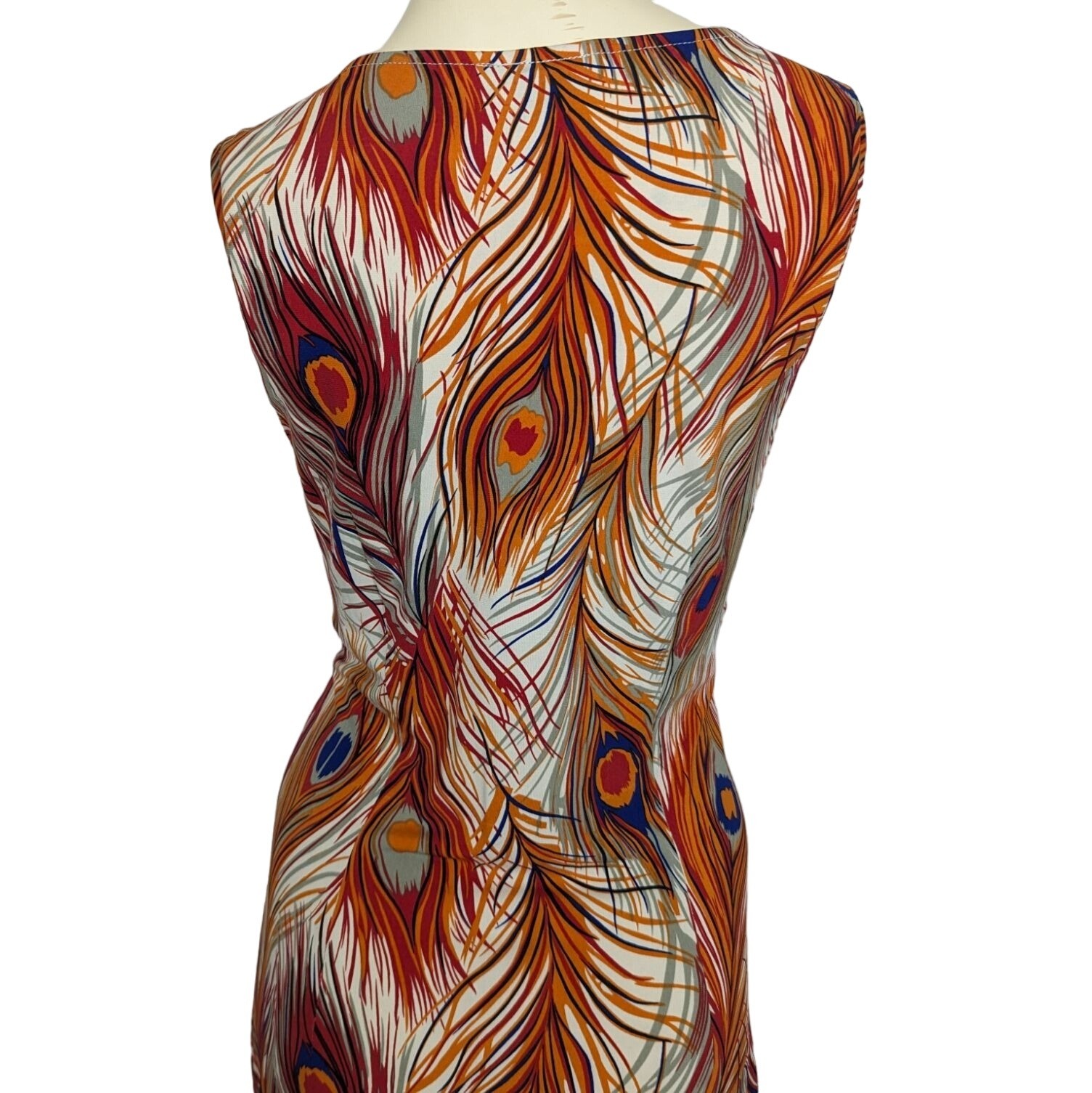 BCBG Dresses Large orange blue Peacock Feather print Vintage Empire Waist Y2K