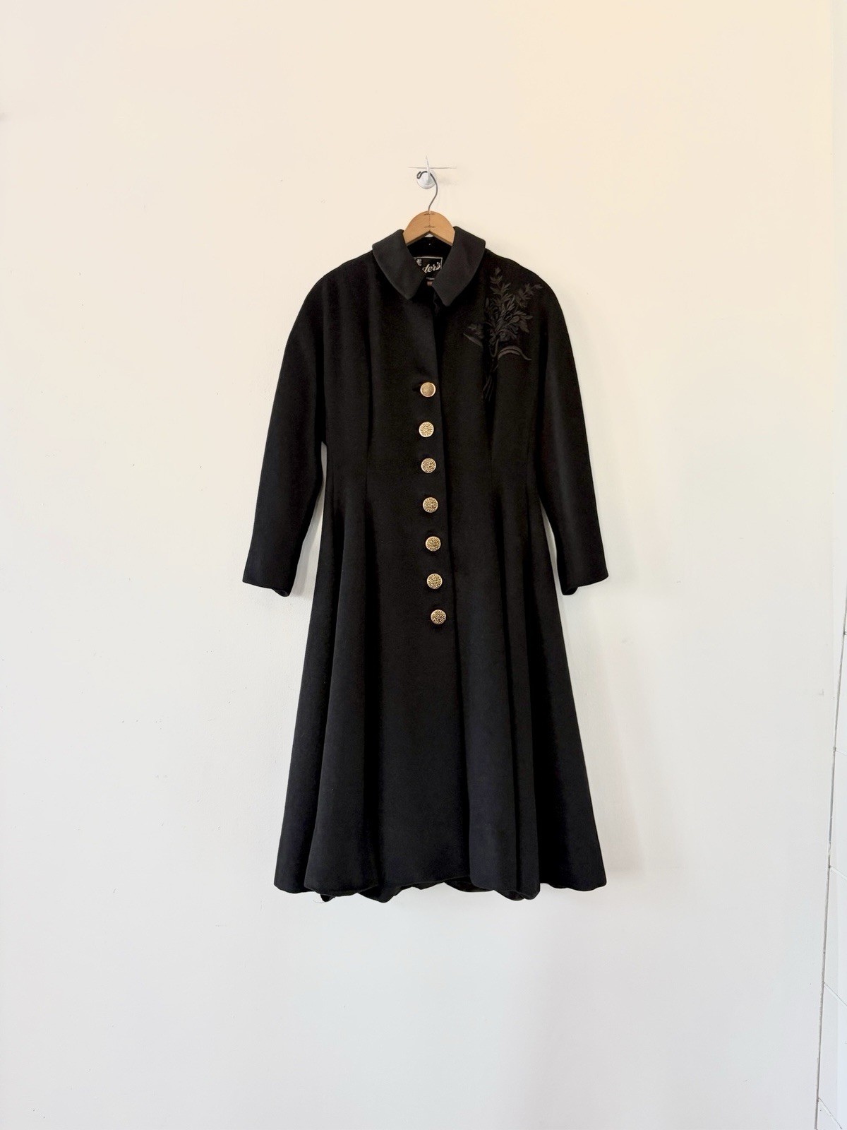 Vintage 1950s Black Wool Swing Coat Dress Princess Line Appliqué Formal New Look