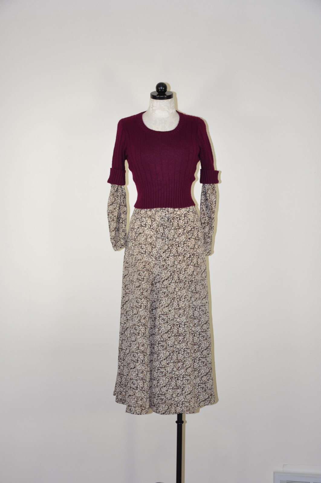 90s Vintage Brown Romantic Floral Long Sleeve Tie Back Grunge Dress Women S M