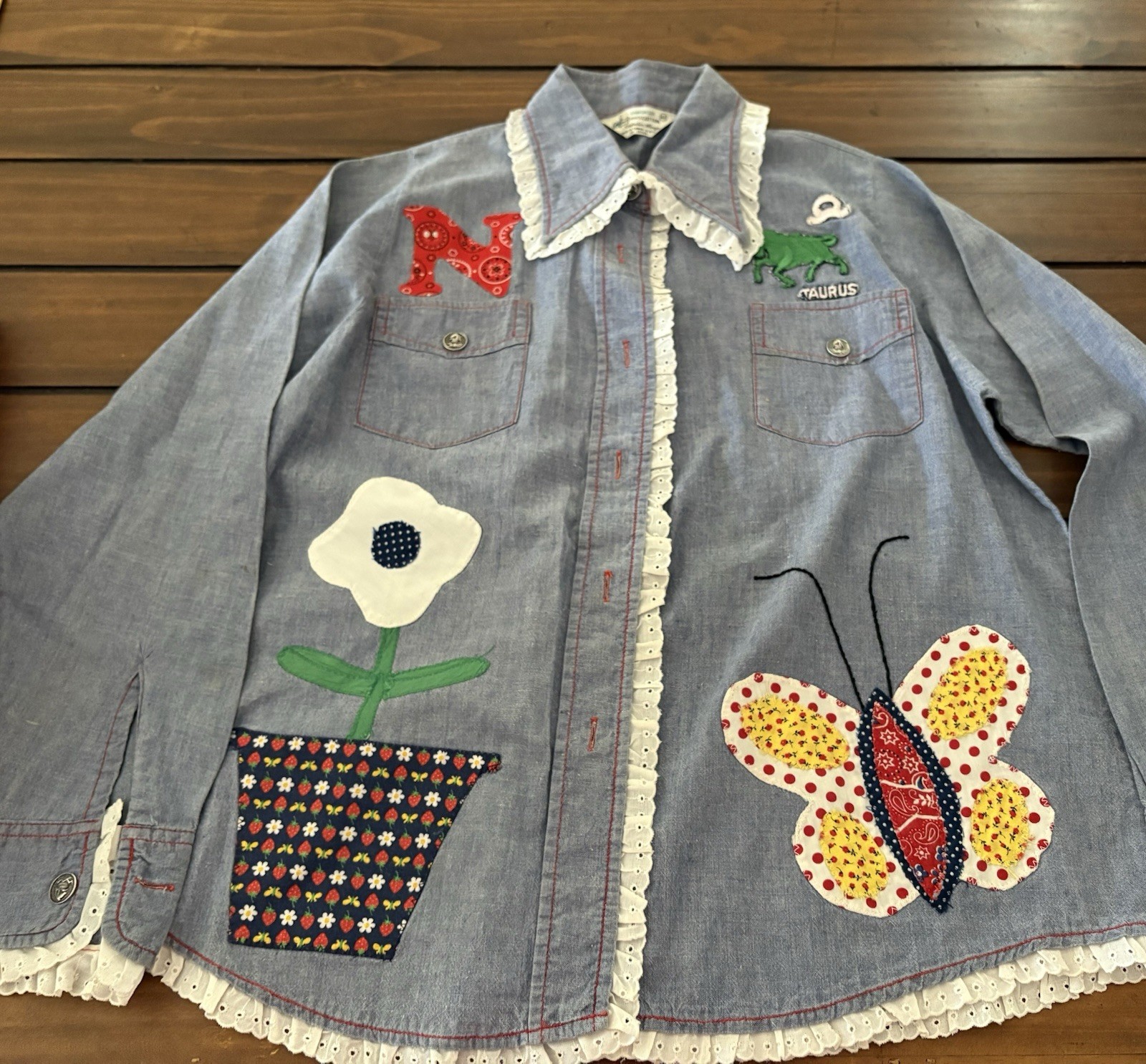 Vintage 1970s Denim Chambray Flower Butterfly “N” Taurus Shirt