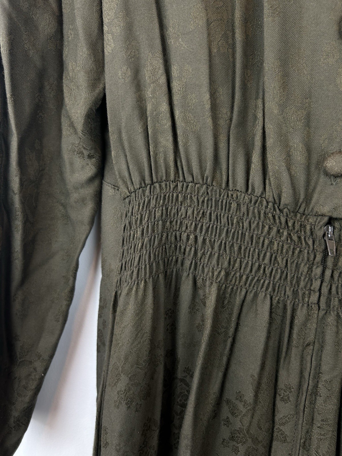 80s Vintage Dress Green Tapestry Print Midi Lace Collar Read
