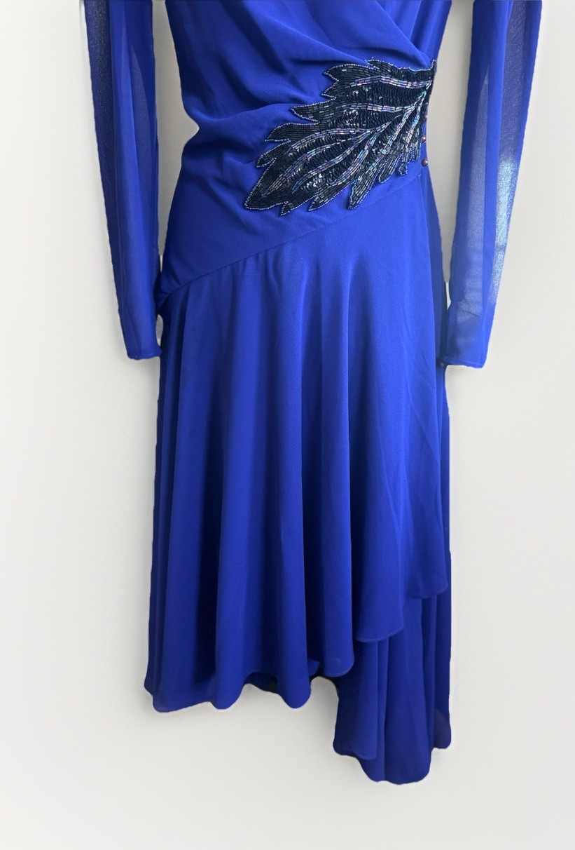 Vintage 80s Casadei Blue Long Sleeve Beaded Sequin Waist Fit Flair Midi Dress 10