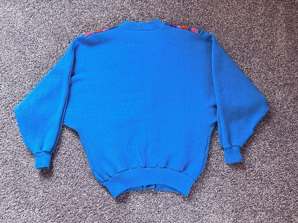 Vintage 80s Geometric Cardigan Sweater Blue Bold Retro Knit S/M