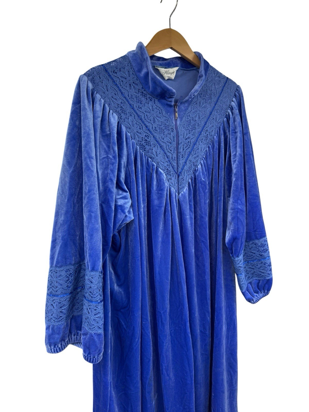 Vintage Kingly Blue Velvet Velour Lace Zip Front House Coat Dress Fancy XL/2XL?