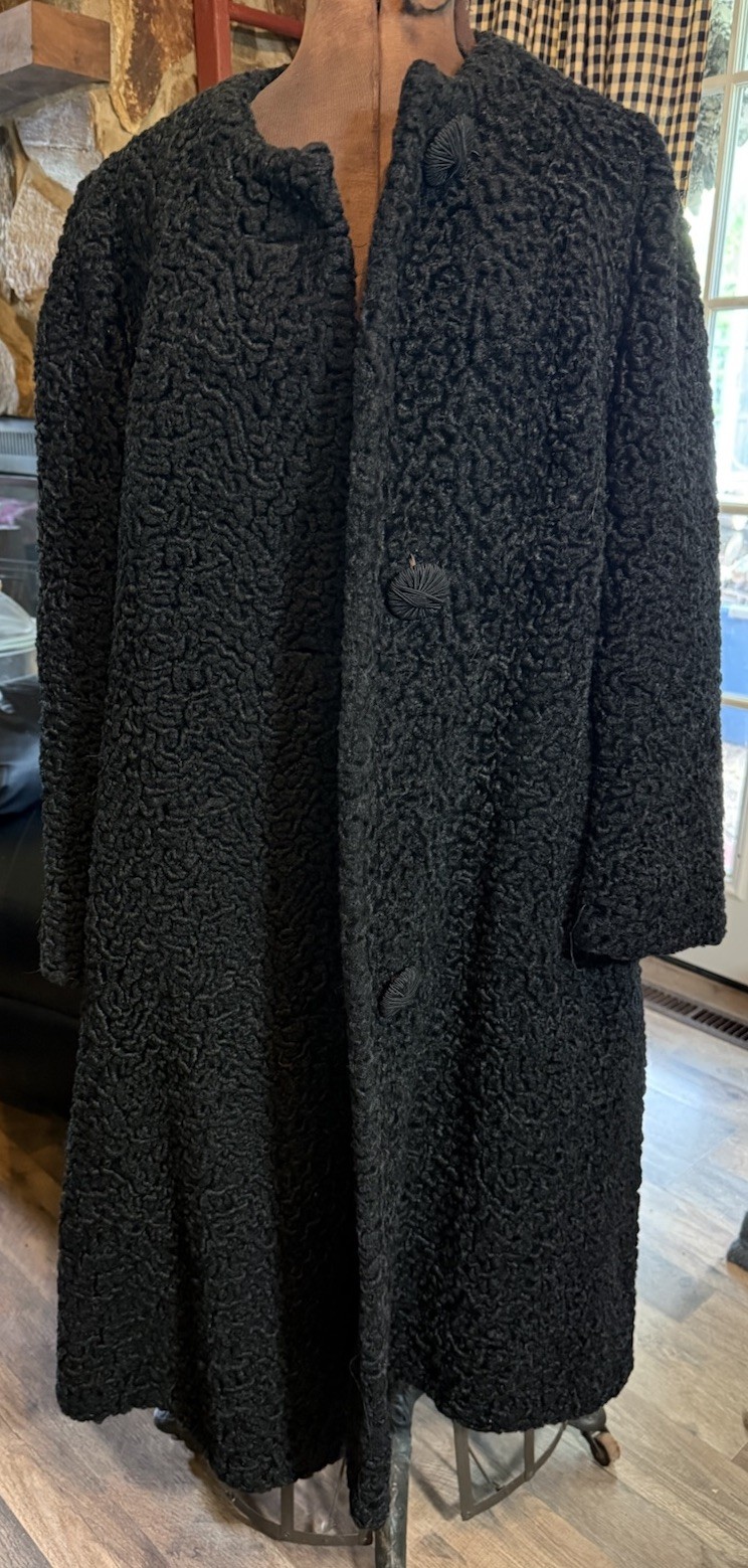 Vintage Halldonn Lustrelam Black Faux Persian Lamb Long Coat Jacket