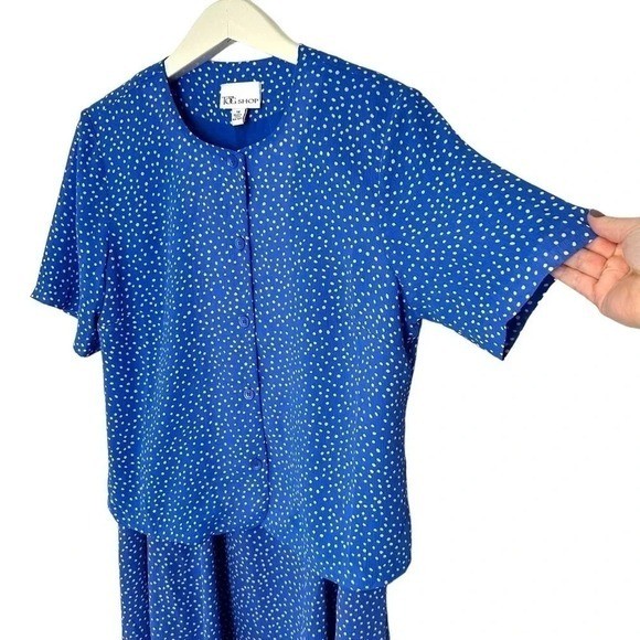 The Tog Shop Skirt Suit 14 Blue Polka Dot Short Sleeve Button Up Vintage Set