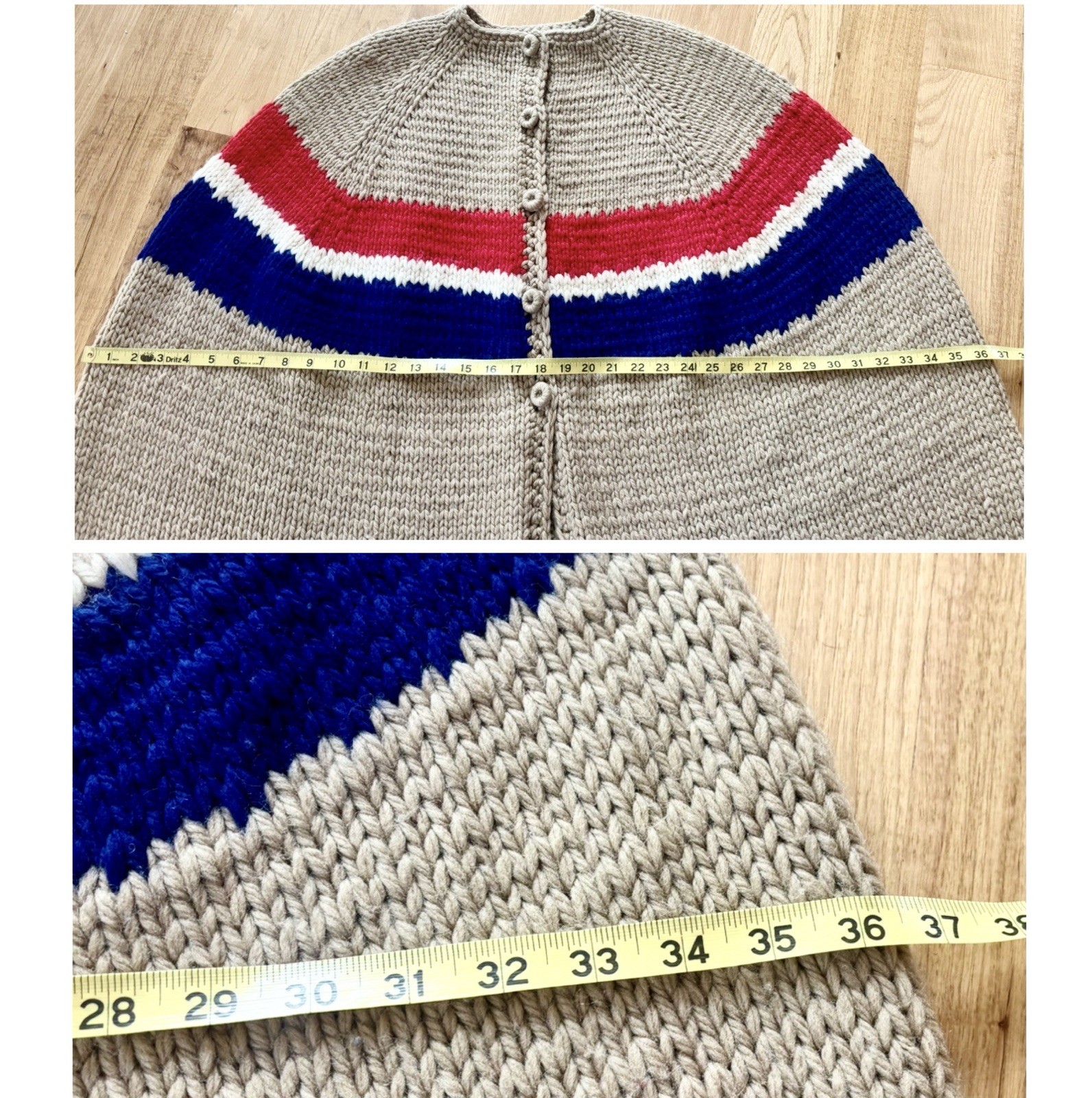 Vintage Handmade Chunky Knit Poncho Cape Blanket Sweater Boho Hippie Fringe