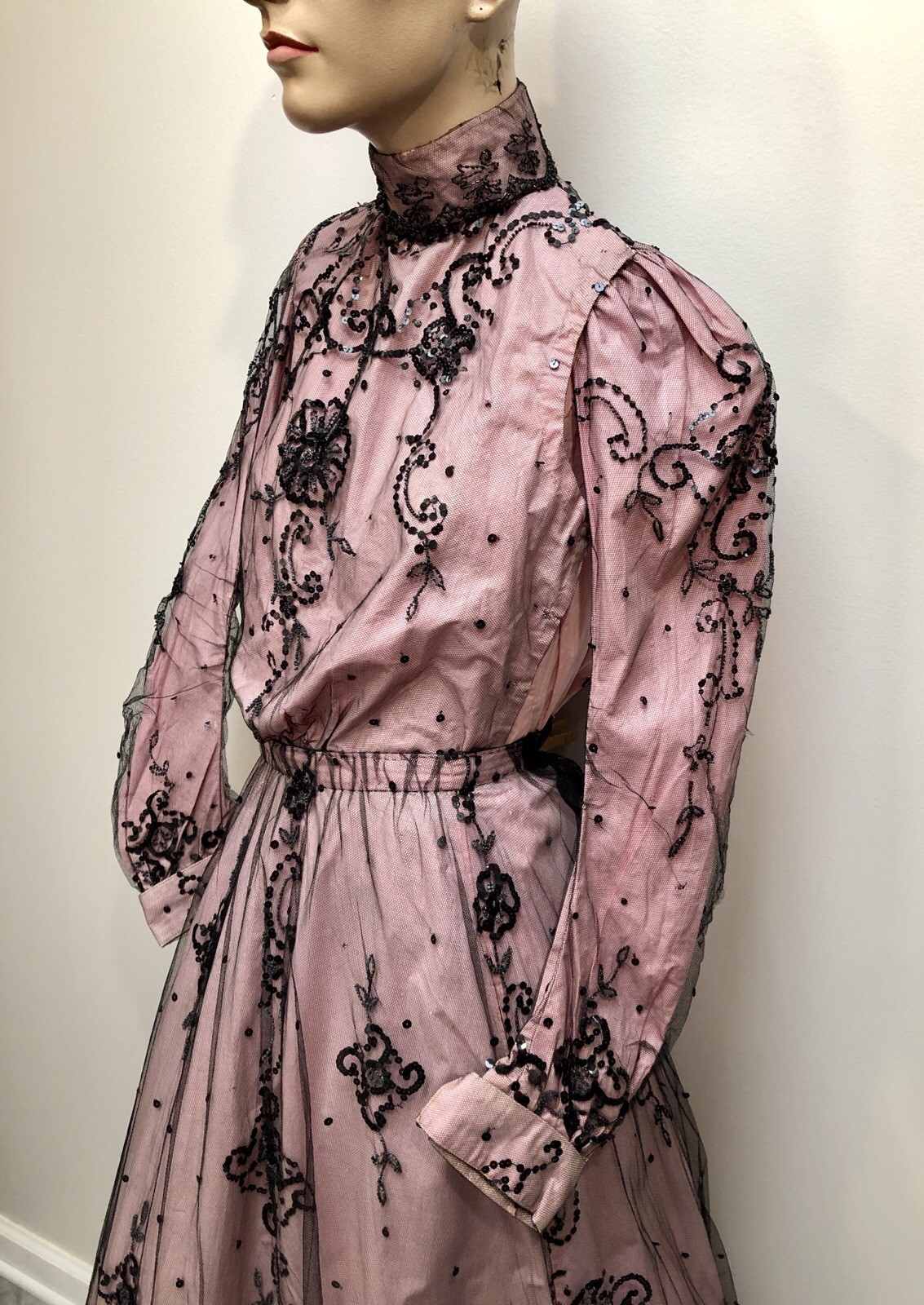 ANTIQUE VICTORIAN Early 1900s GIBSON GIRL PINK+Black JET SEQUIN BEADED 3Pc GOWN