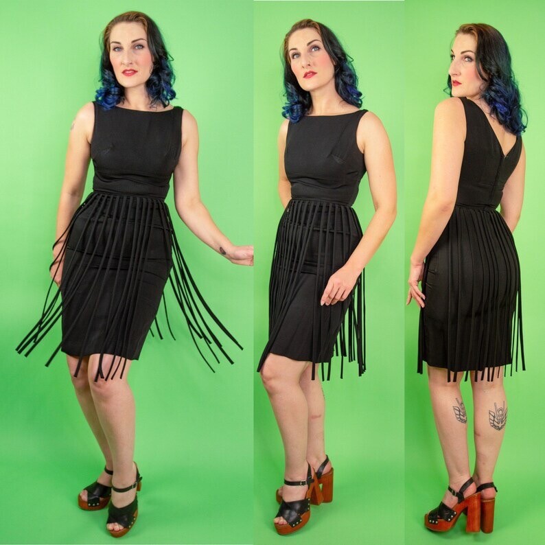 Vintage 1950s 60s Pinup Cocktail Dress Fringe Midi Pencil XS S 2 4