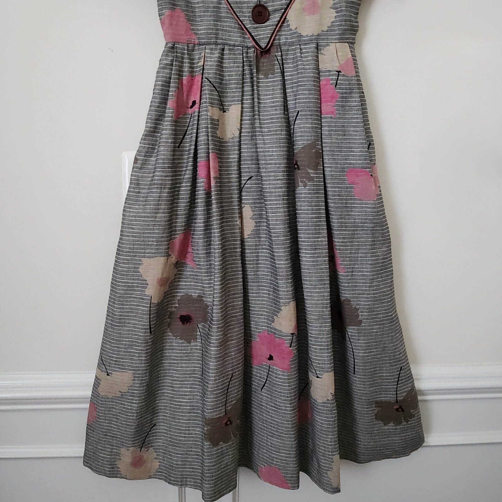 Vintage Albert Nipon Linen Cotton Gray Striped Floral Prints Dress 4 Pockets