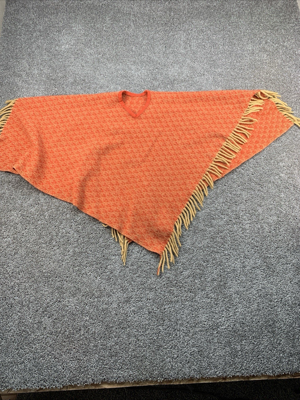 Vintage 60s 70’s Homemade Wool Cape/Poncho Orange W/ Gold Tassels Boho Hippie
