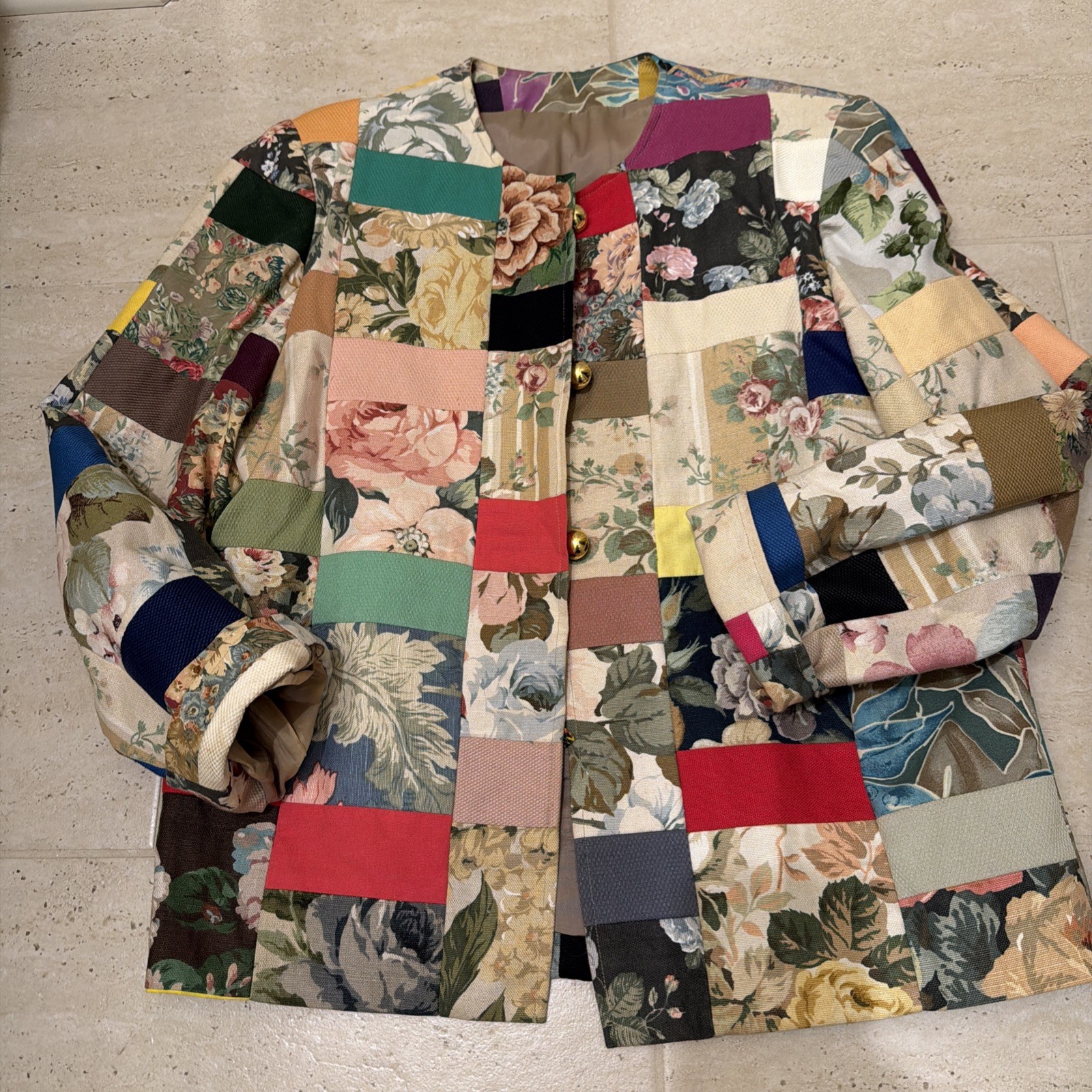Woman’s Patches Tapestry Blazer Jacket Size 14 Petite Handmade VTG Lined Read: