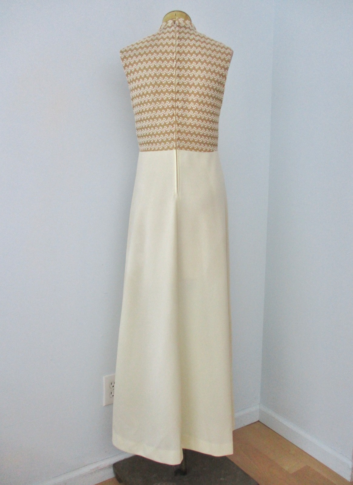 Vtg 60s 70s Cream Sparkly Gold ZigZag Knit 2-Pc Maxi Dress Gown Jacket Suit S/M