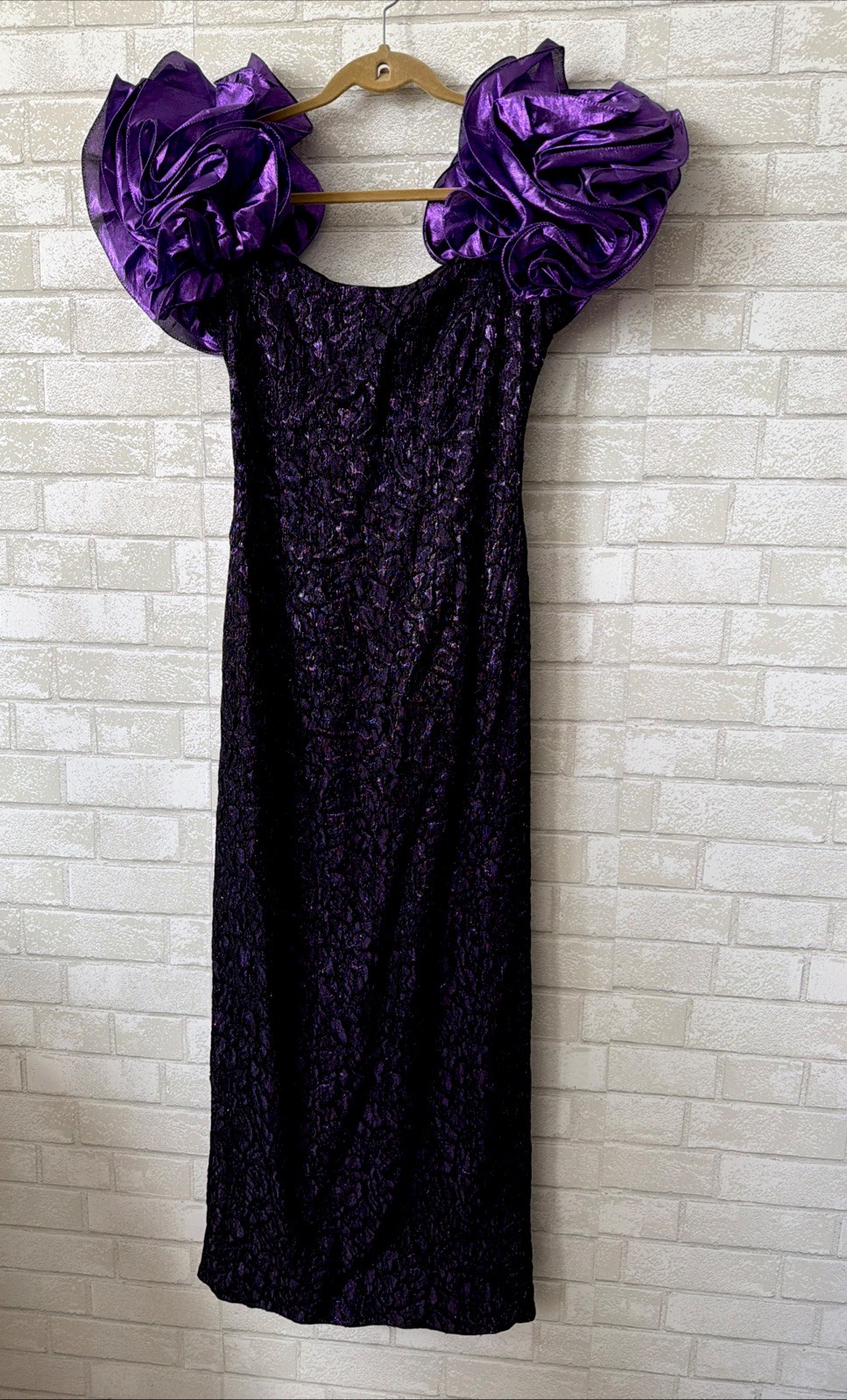 VTG 80s Flirtations Alfredo Angelo Purple Metallic Brocade Puff Sleeve Maxi Gown