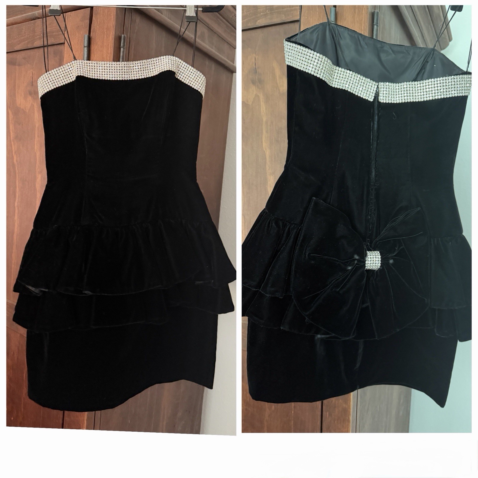 Women’s Vtg Strapless Black Velvet Dress Big Bow Rhinestones Size XS 80’s 90’s