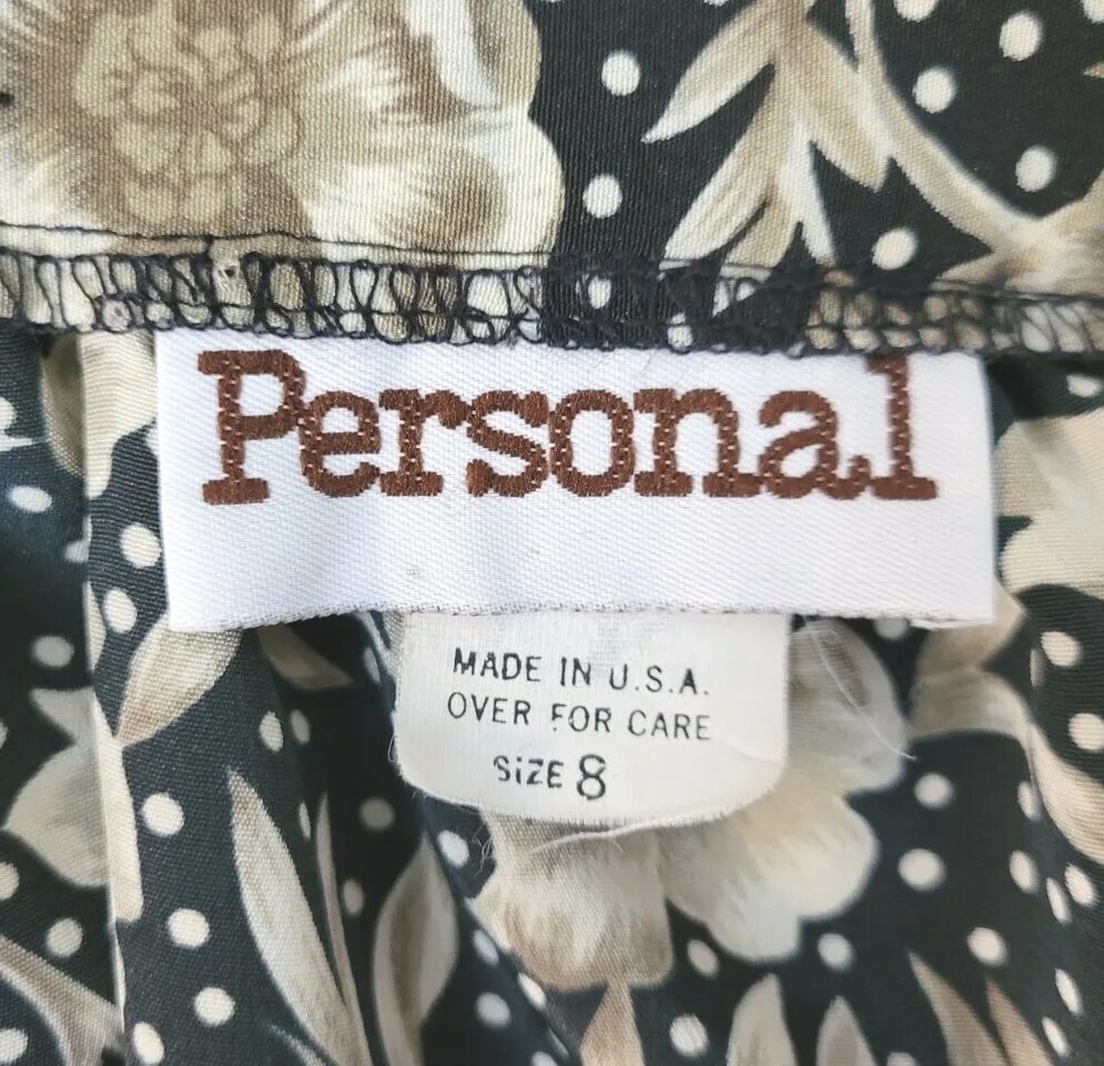 Vtg Personal Blouse & Skirt Set in Black w Tan & White Florals & Polka Dots Sz 8