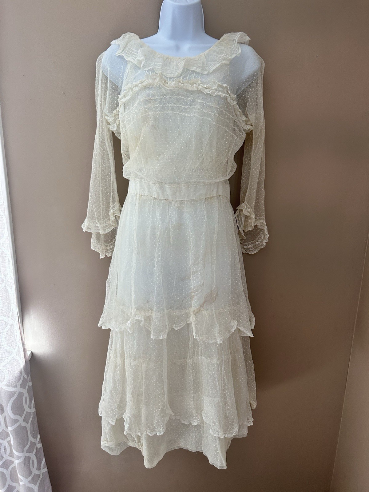 Antique Edwardian Dress 1920 Ivory Mesh Lace 32 XS S Vintage Wedding Gown