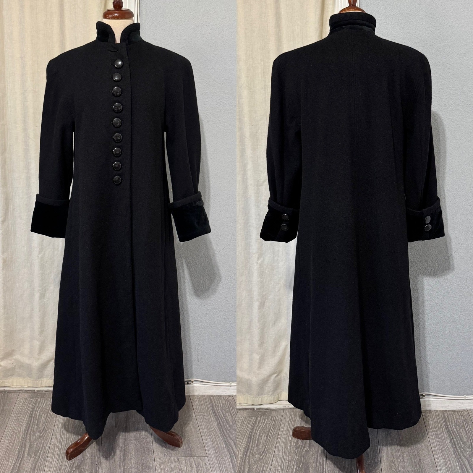 Donnybrook Victorian Black 100% Wool Maxi Coat Velvet Trim Mandarin Collar Sz 2