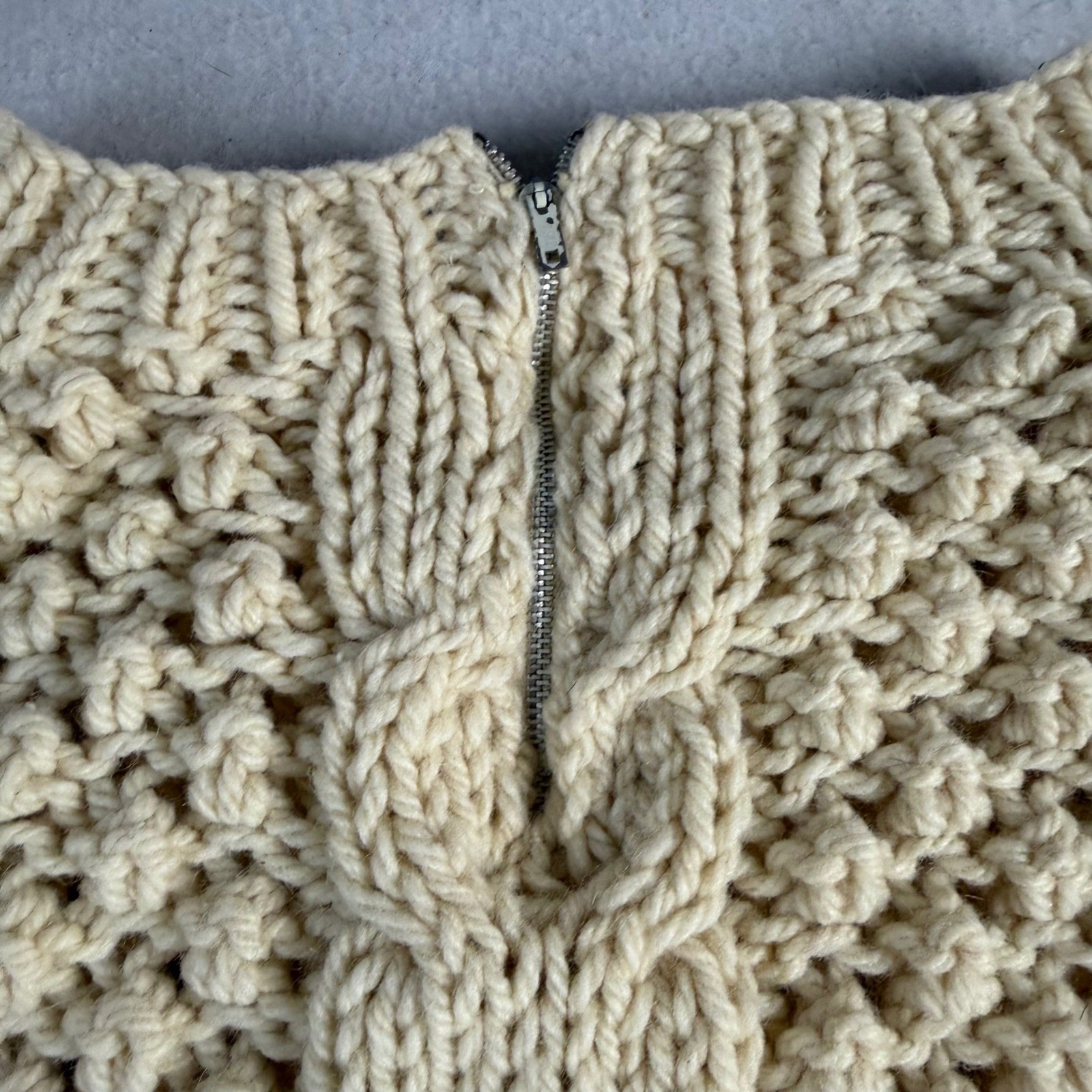 Vintage Handmade Wool Cable Knit Sweater Dress Cream A-Line Aran Fisherman Zip
