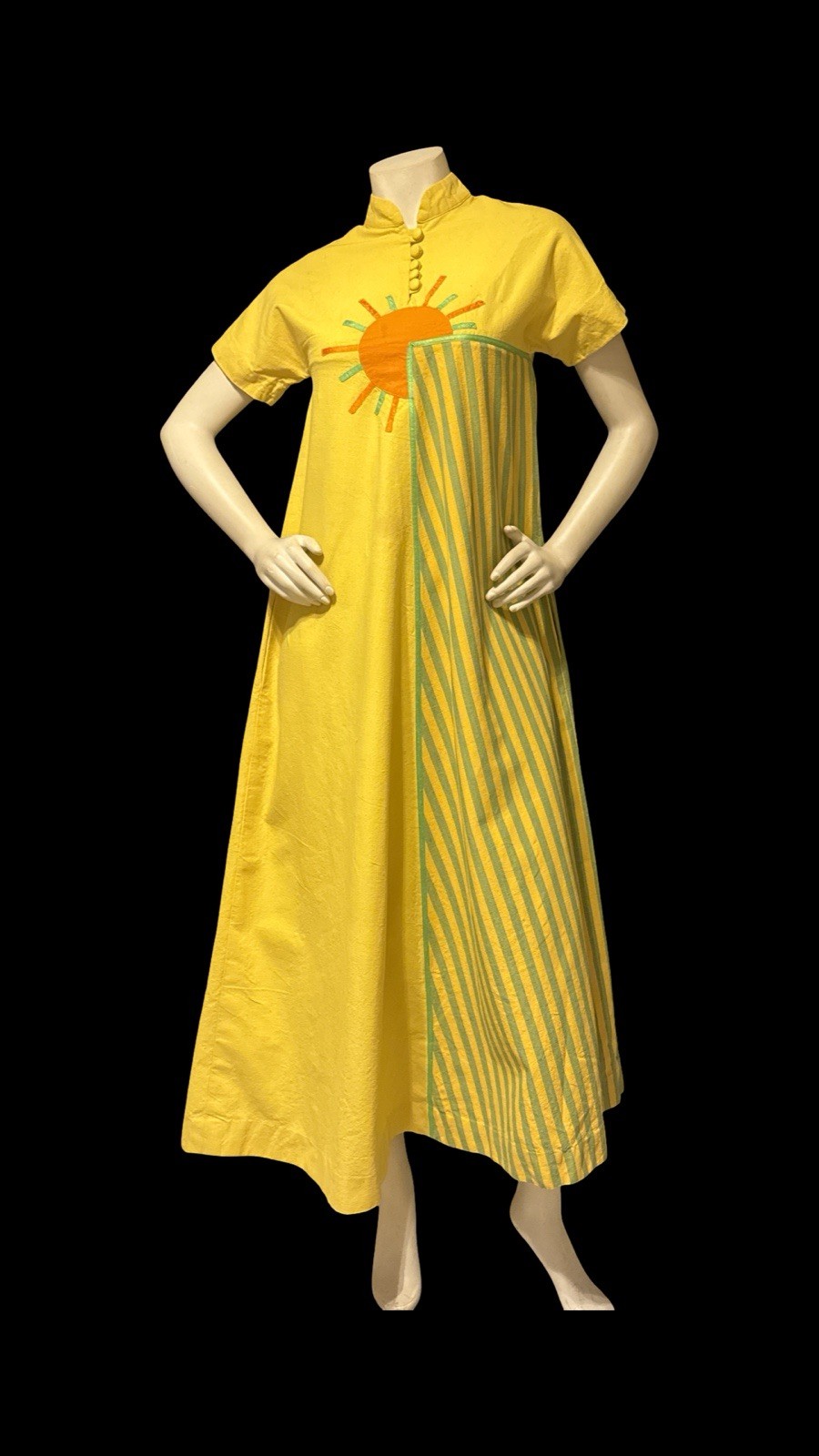 Vtg 1970’s Mama Carlota Linen Maxi Dress Tlaquepaque Sun Appliqué Mexico S