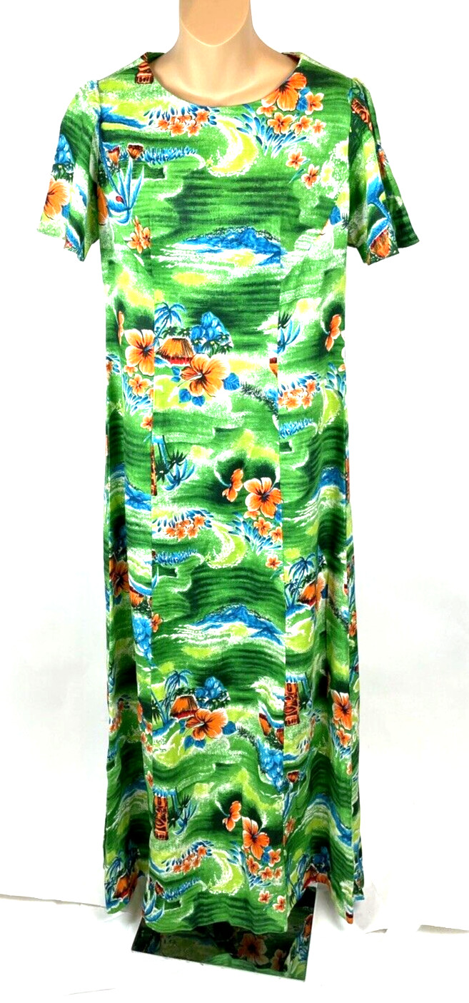 Vintage Hawaiian Dress Size 12 Large Tropical Green Floral Maxi Barkcloth