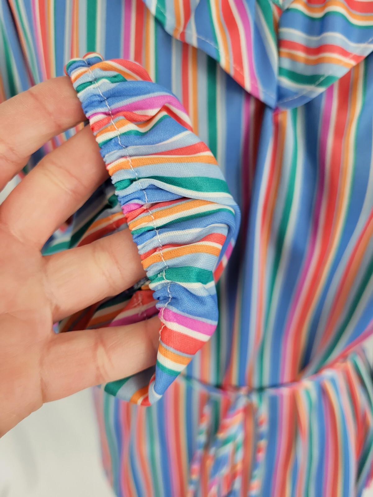 Vintage Beeline Polyester Striped Top with Ruffled Collar and Tie Waist Size XL?