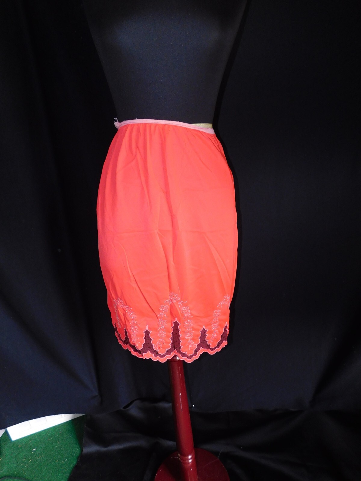 Red vintage Greenco Maid half slip, nylon, Small, Black lace insert