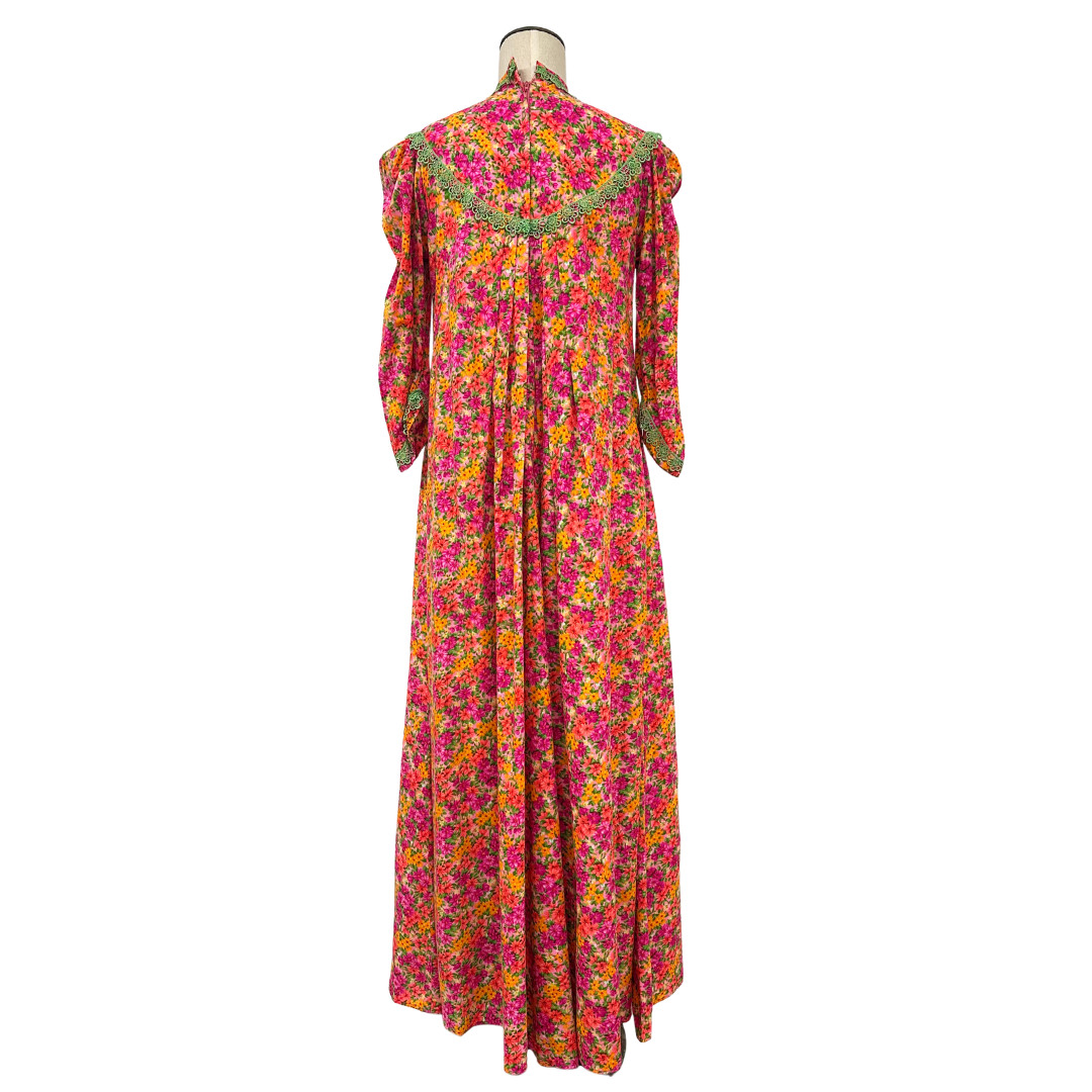 Vintage 1970s Carol & Mary Honolulu Pink Dayglo Puff Sleeve Pleated Maxi Dress