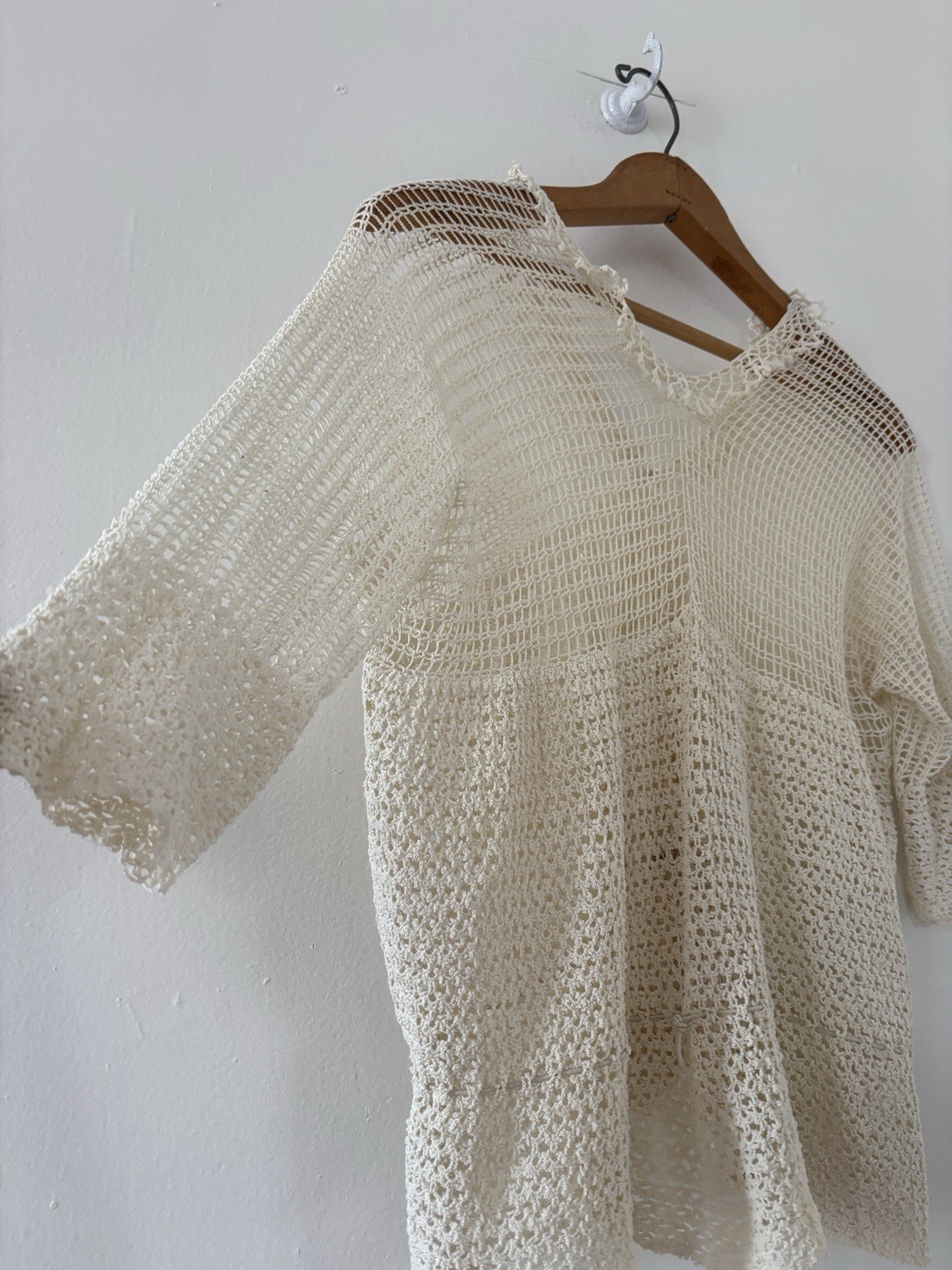 Antique Edwardian 1910s 1920s Ecru Rayon Crochet Knit Top/Sweater Ruffle Edging