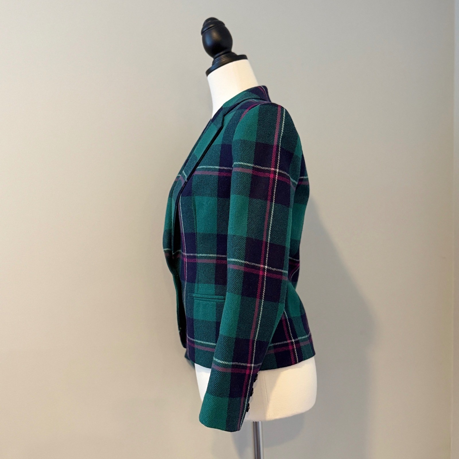 Vintage 80s Plaid Wool Blend Blazer – Teal Green Navy Pink – Petite Size 10