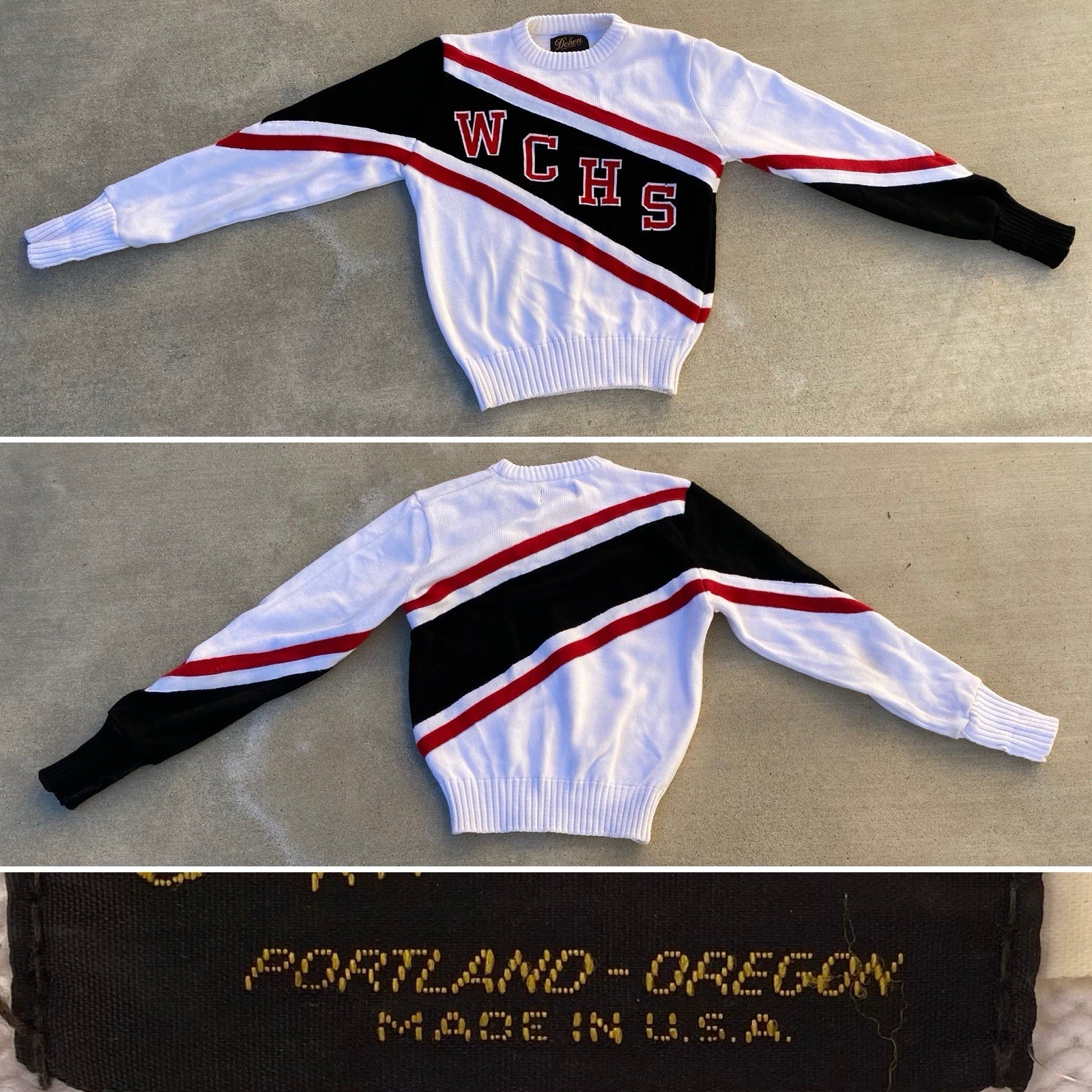 Vintage 80s Dehen Cheerleader Sweater WCHS White Black Red Acrylic Knit Size M