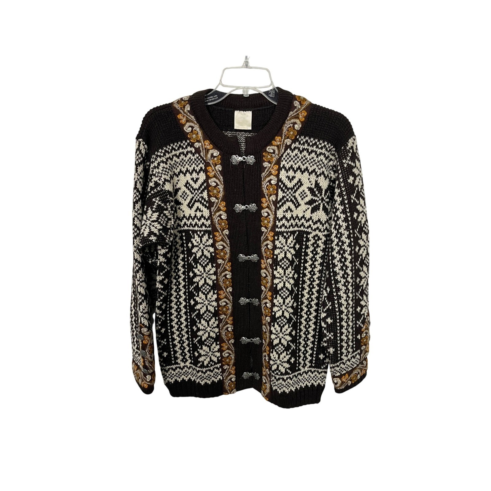 Evebofoss Cardigan Women L Brown Norwegian Wool Fair Isle Pewter Clasp Sweater