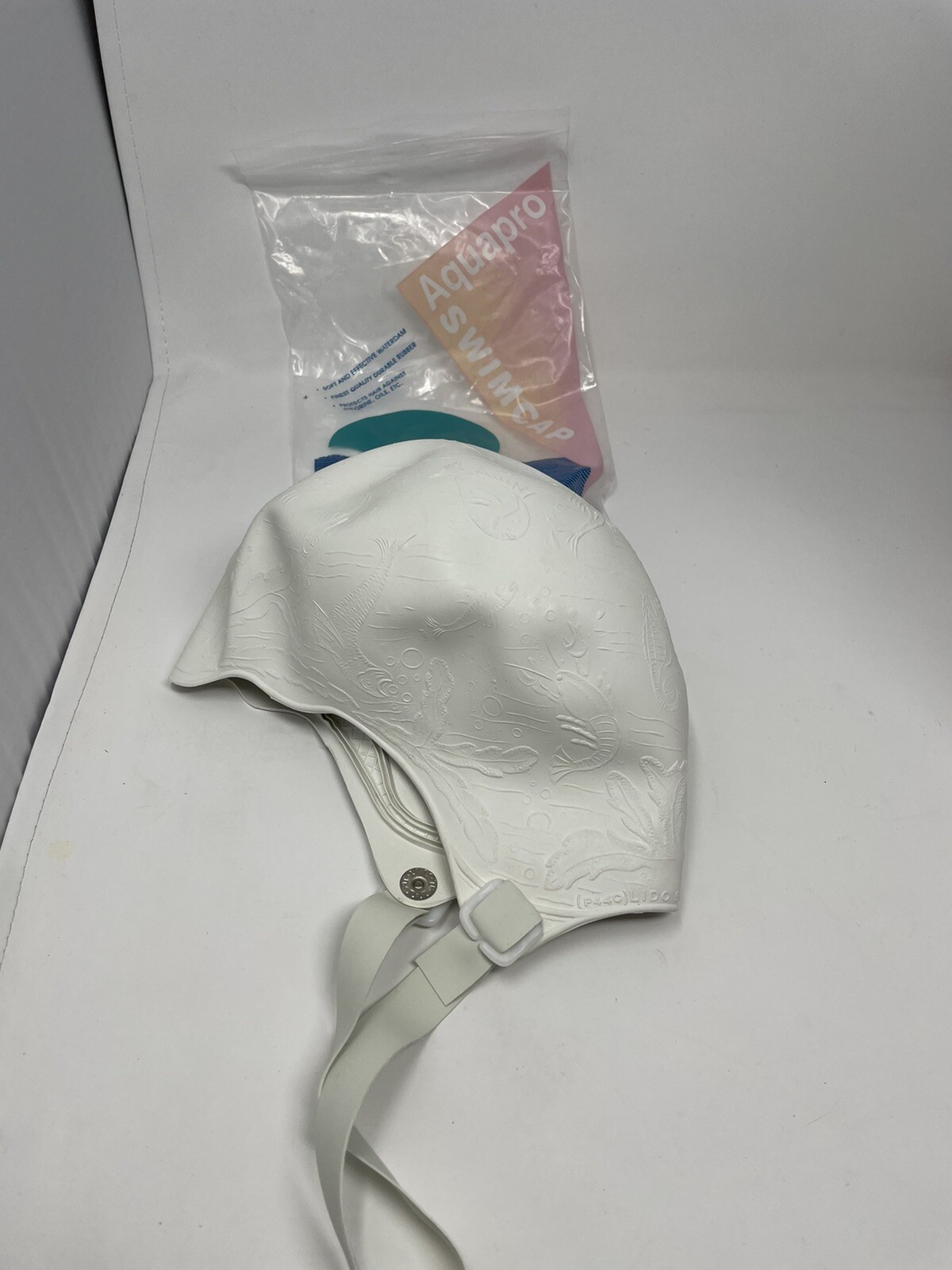 Vintage AquaPro Rubber Swim Cap White Sea Life Textured Pattern Retro Childs