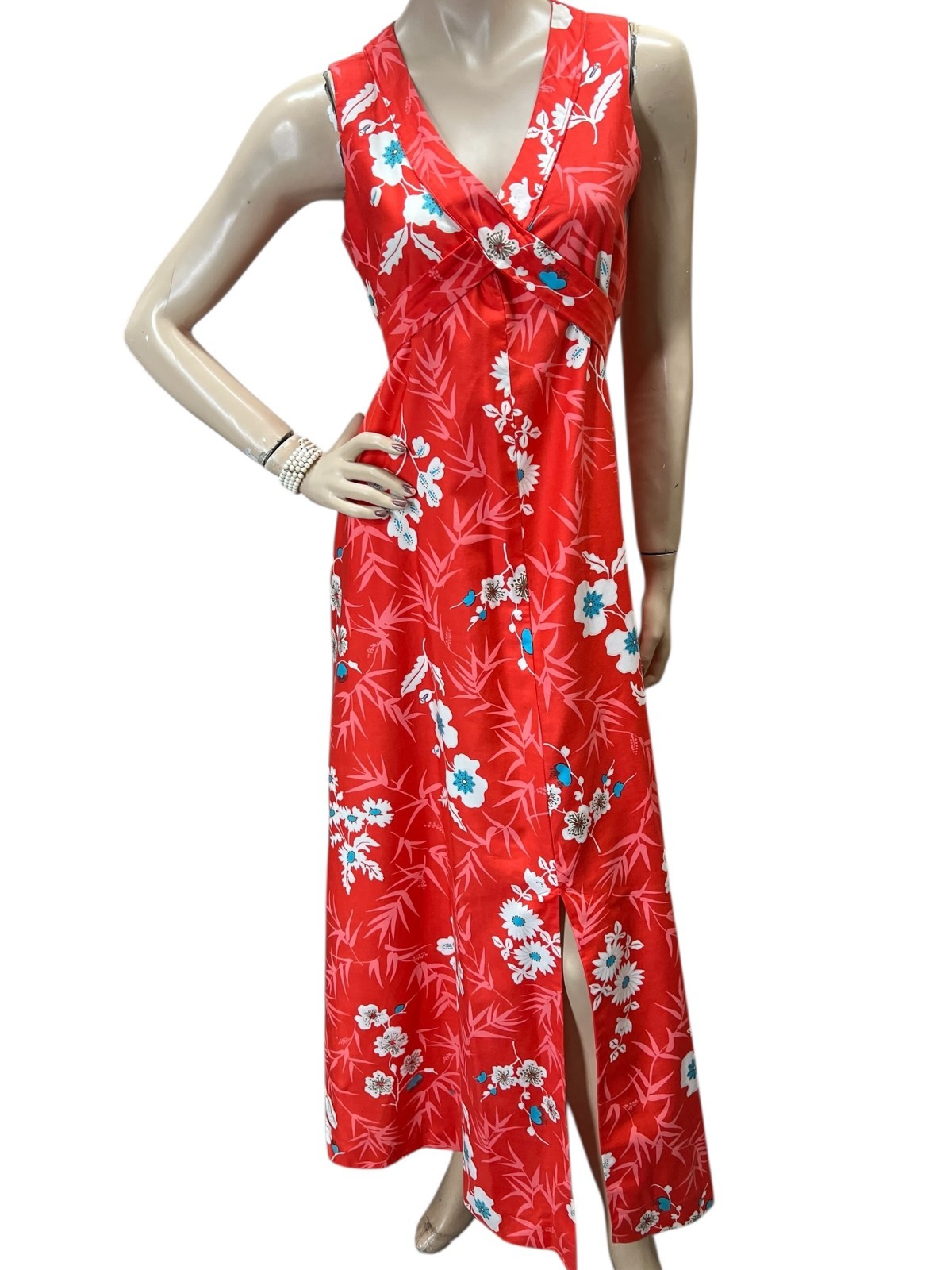 Sz M Vtg 70s Maxi Dress Cross Tie Coral Floral Polished Cotton Center Split