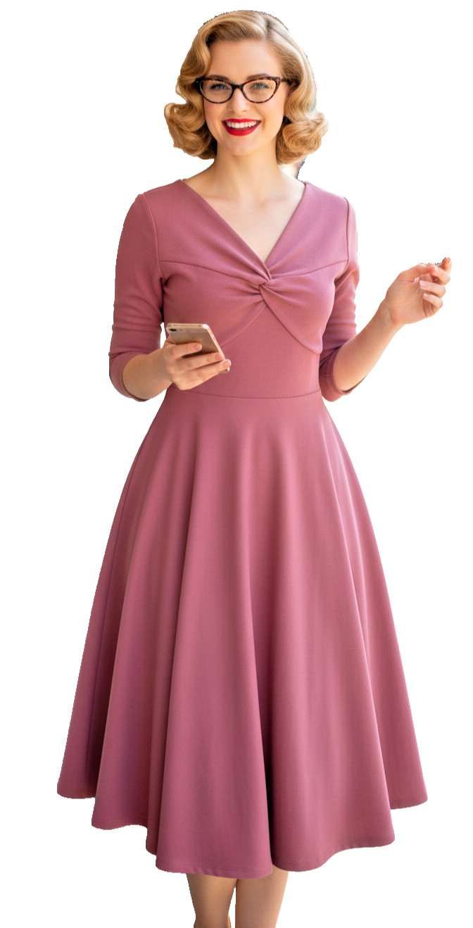Vintage Mauve Pink Fit and Flare Midi Dress Large