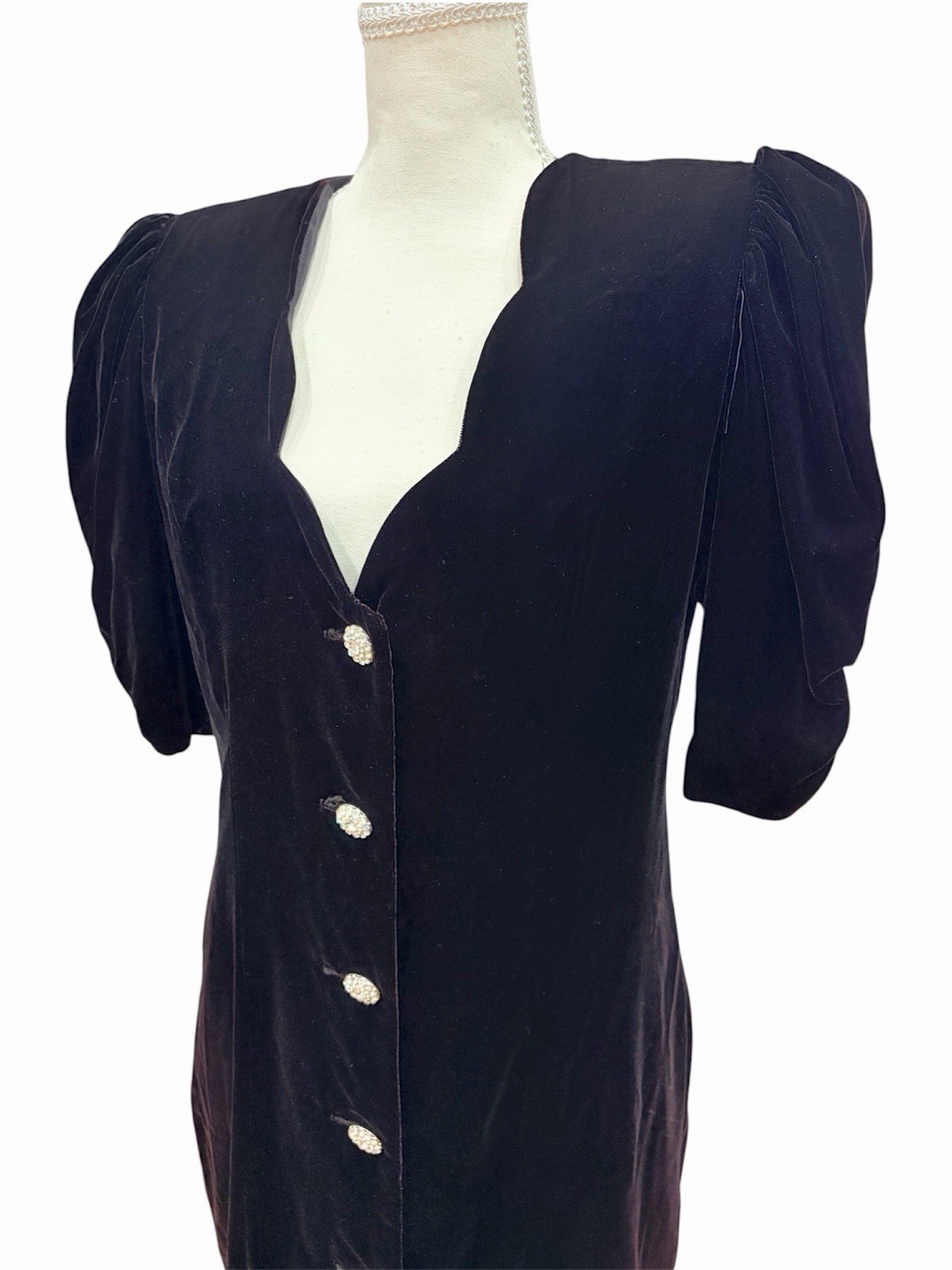 Vintage Karen Lucas for Niki Black Velvet Dress Size 10 Rhinestone Puff Sleeve