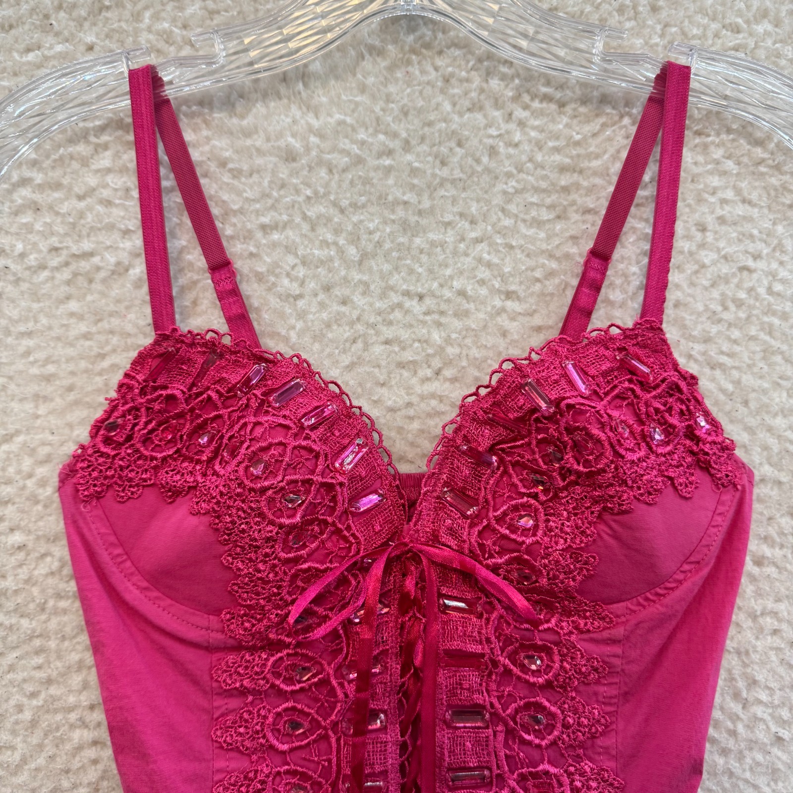 Y2K Vintage Corset Bustier Top XS Small Pink Rhinestone Embroidered Padded