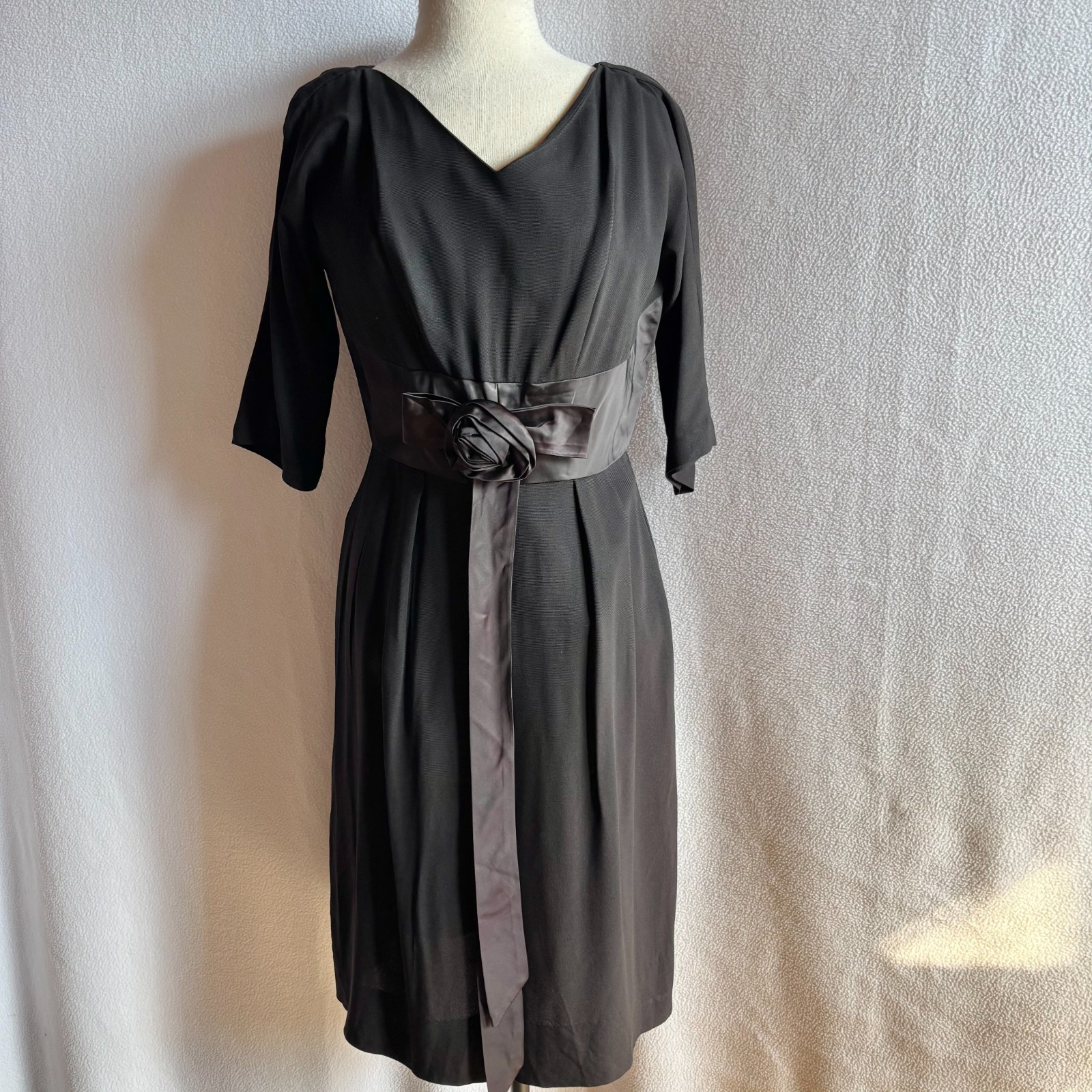 Vintage 1950s Lora Lenox Little Black Sheath Dress LBD with Satin Flower