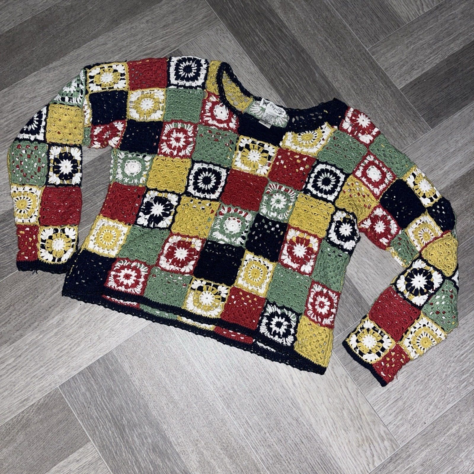 Papillon Los Angeles Crochet Granny Square Long Sleeve Top Vintage Multi Sz Med