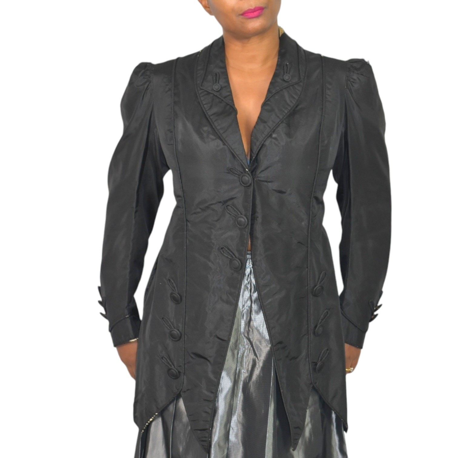 Antique Victorian Silk Jacket Coat Small Black Handmade Tailored Custom Vintage