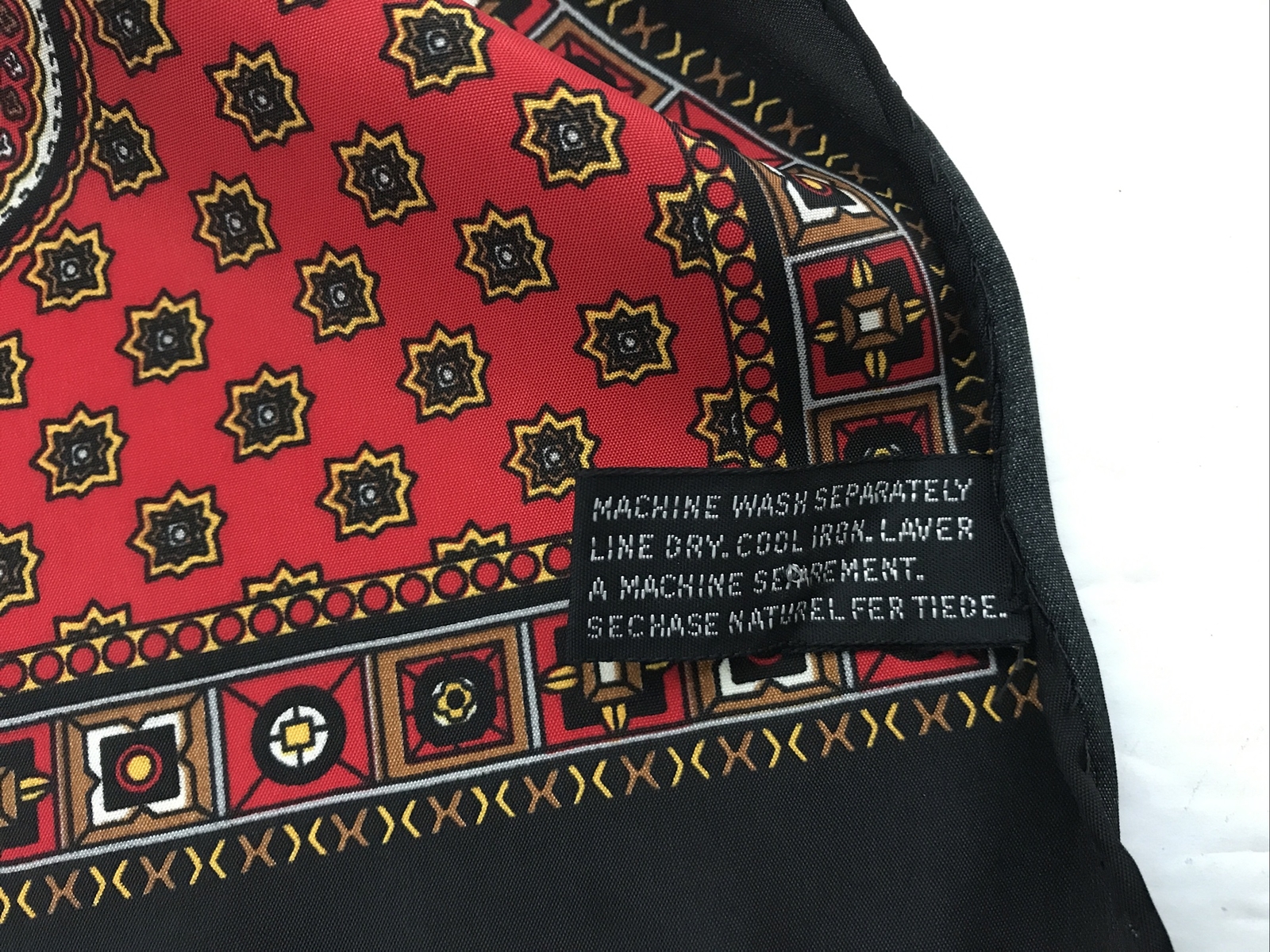 Vintage Polyester Made in Korea 52”x10″ Red, Black, Gold Tone Scarf
